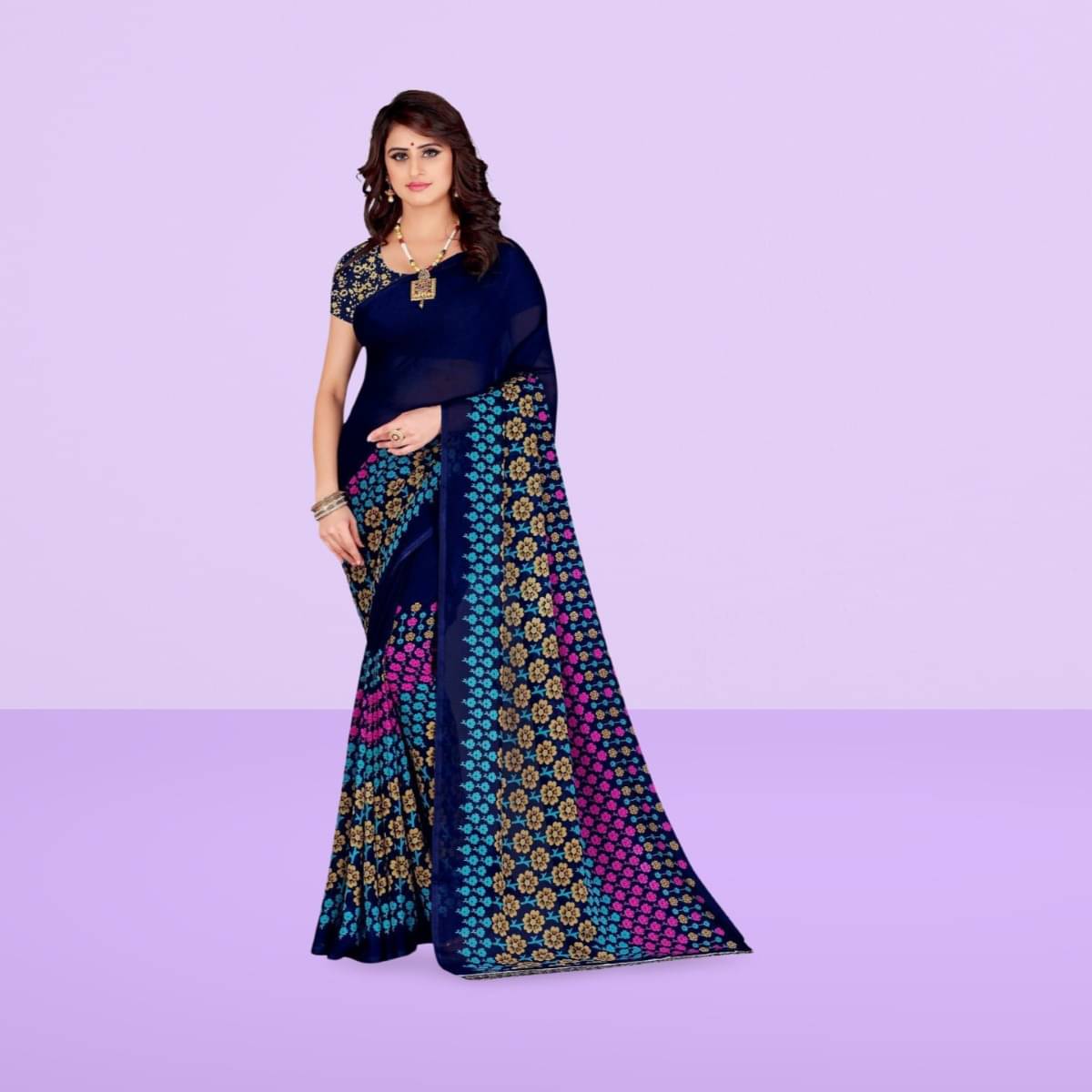 Vibhagyaa Georgette Printed Saree With Unstitched Blouse Piece ( Blue ) Vibhagyaa Georgette Printed Saree With Unstitched Blouse Piece ( Blue )