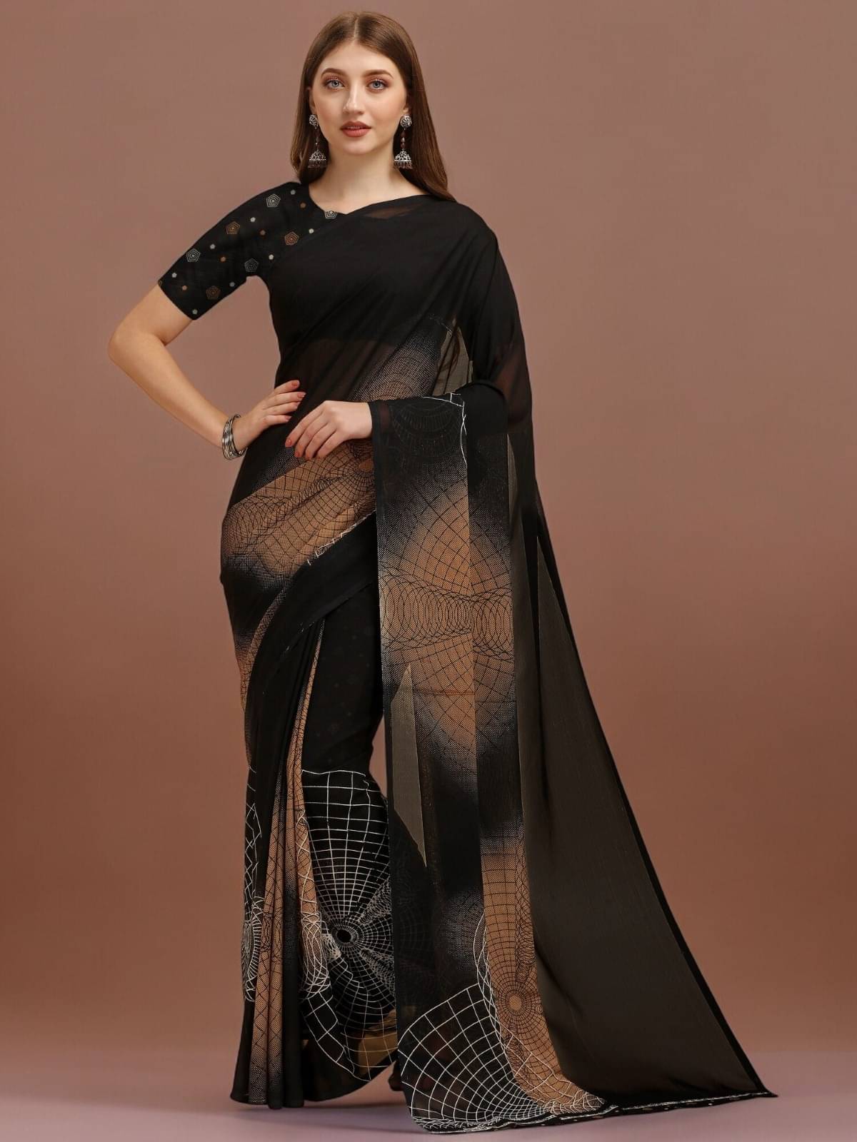     			Vibhagyaa Georgette Printed Saree With Unstitched Blouse Piece ( Black )