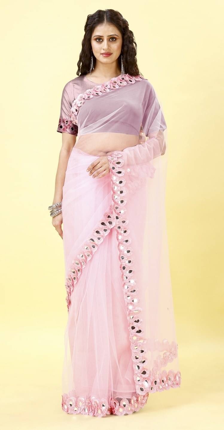     			Vibhagyaa Net Embroidered Saree With Unstitched Blouse Piece ( Pink )