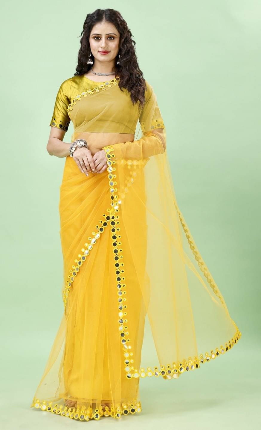 Vibhagyaa Net Embroidered Saree With Unstitched Blouse Piece ( Yellow ) Vibhagyaa Net Embroidered Saree With Unstitched Blouse Piece ( Yellow )