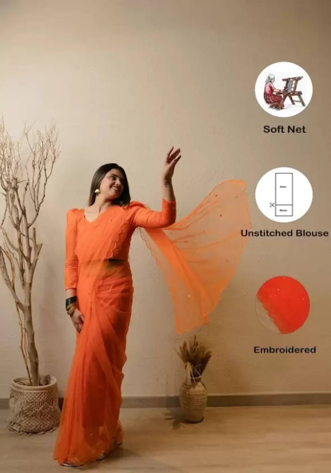     			Vibhagyaa Net Embroidered Saree With Unstitched Blouse Piece ( Orange )