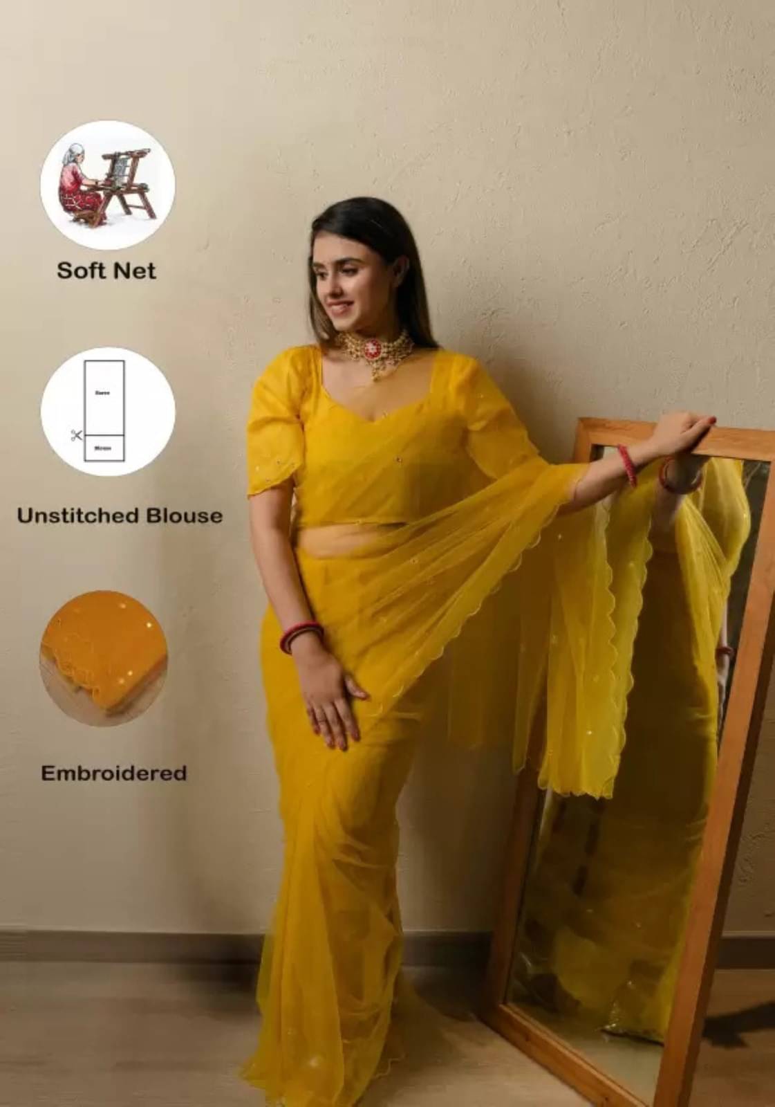     			Vibhagyaa Net Embroidered Saree With Unstitched Blouse Piece ( Yellow )