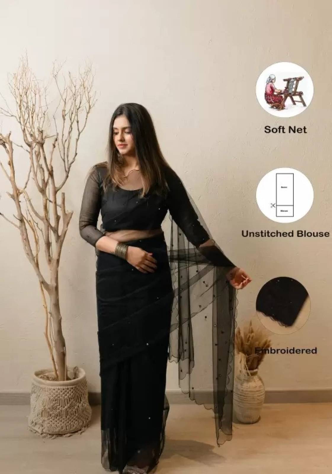     			Vibhagyaa Net Embroidered Saree With Unstitched Blouse Piece ( Black )