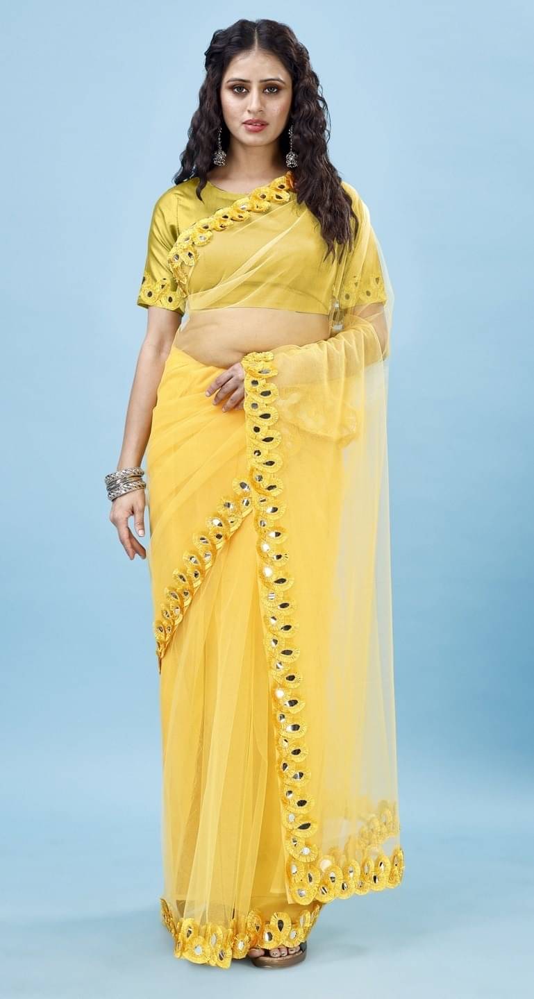     			Vibhagyaa Net Embroidered Saree With Unstitched Blouse Piece ( Yellow )