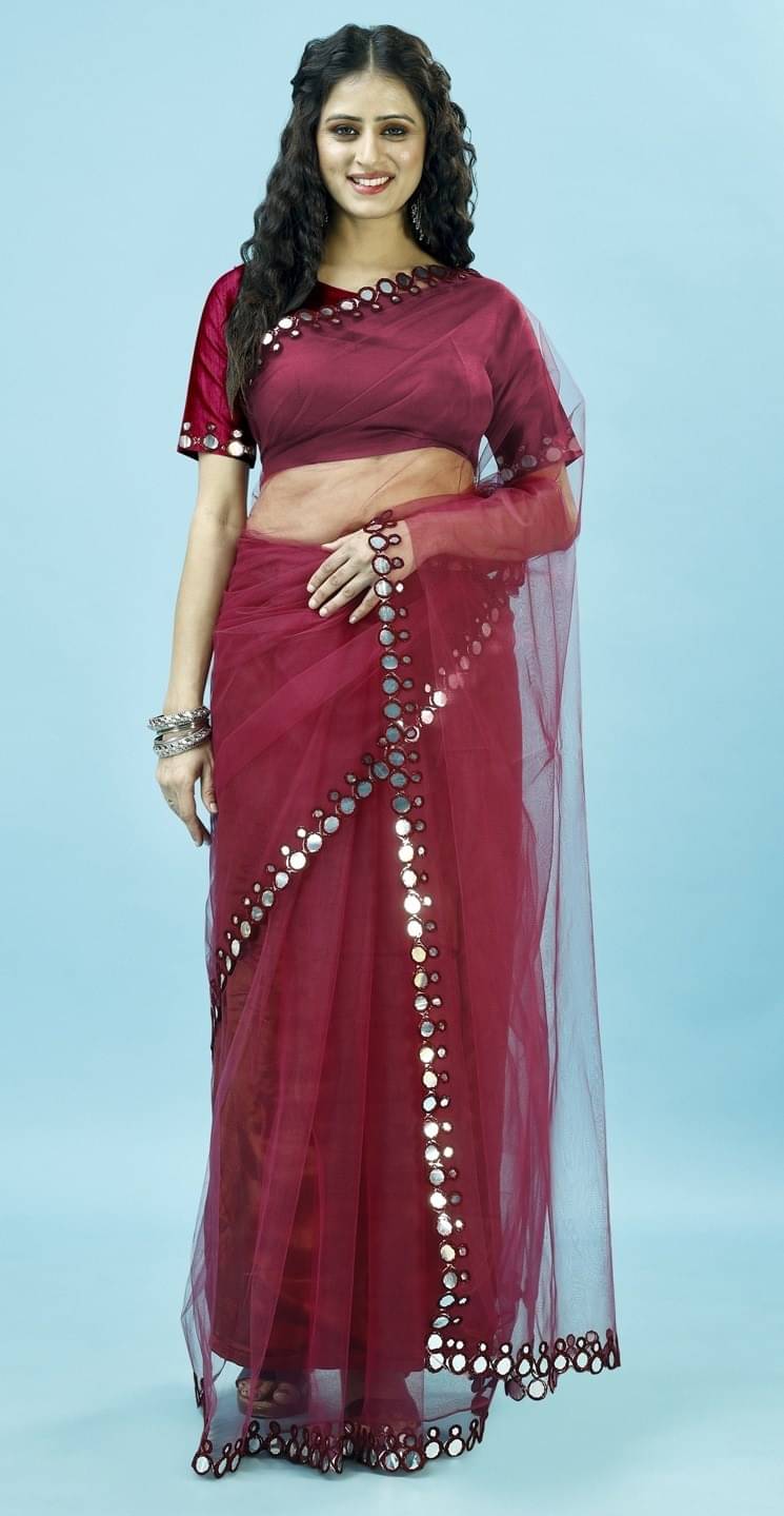     			Vibhagyaa Net Embroidered Saree With Unstitched Blouse Piece ( Maroon )