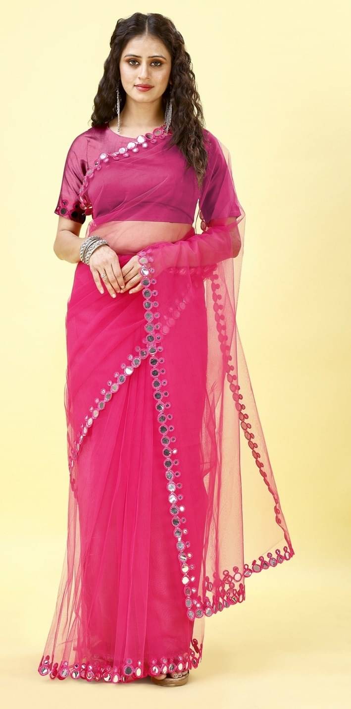     			Vibhagyaa Net Embroidered Saree With Unstitched Blouse Piece ( Pink )