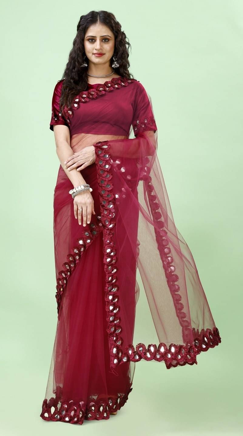     			Vibhagyaa Net Embroidered Saree With Unstitched Blouse Piece ( Maroon )