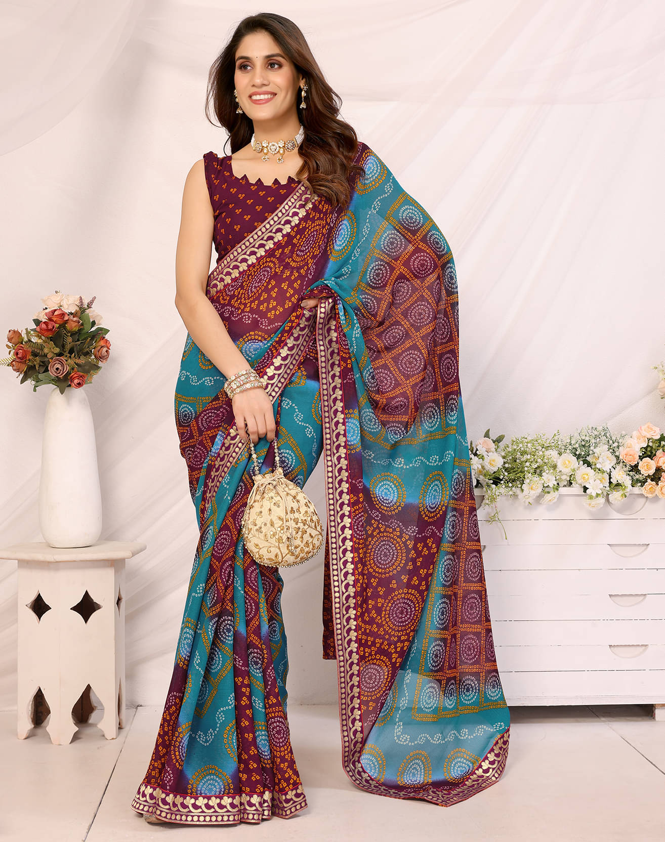     			Yashika Georgette Printed Saree With Unstitched Blouse Piece ( Brown )