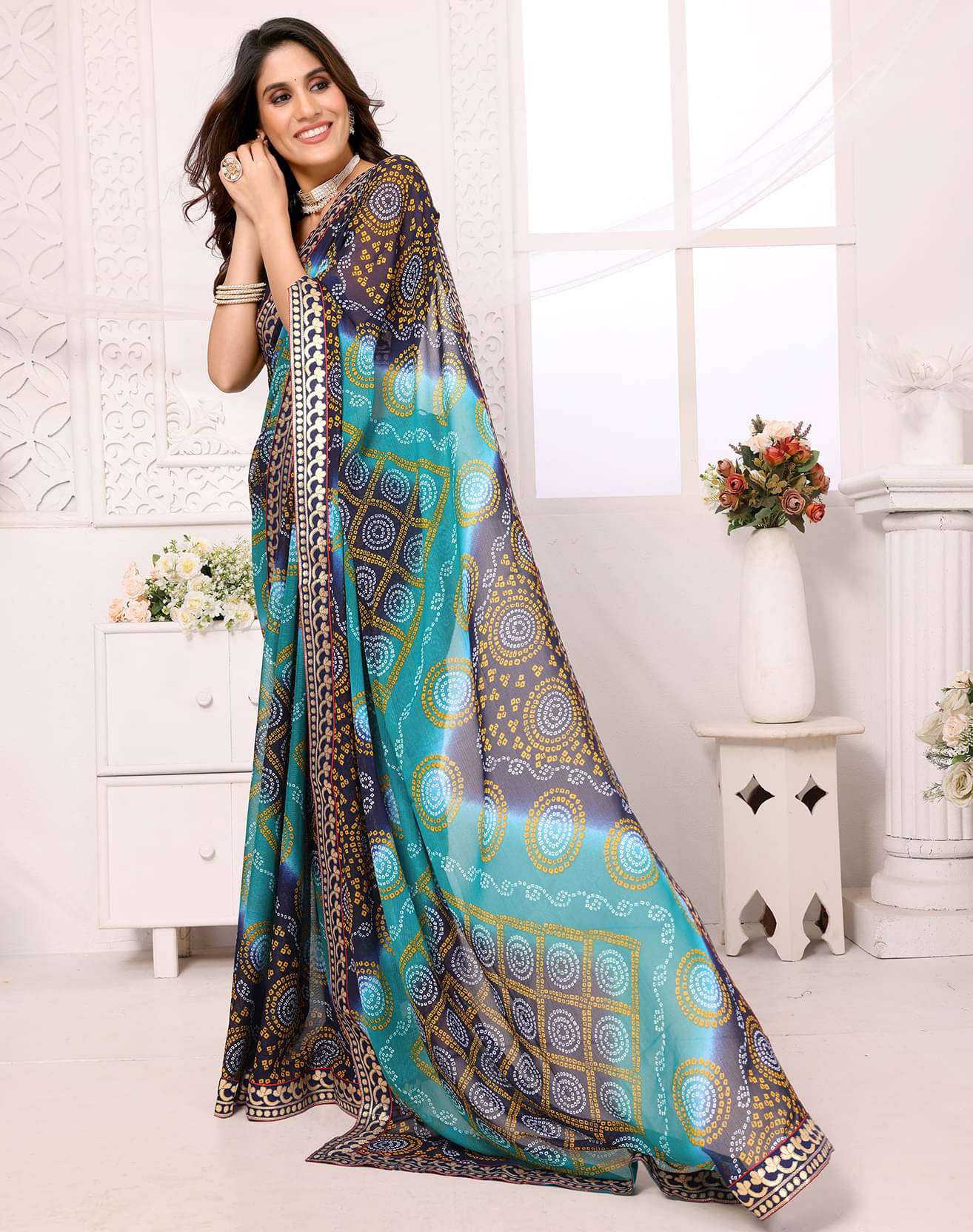     			Yashika Georgette Printed Saree With Unstitched Blouse Piece ( Blue )