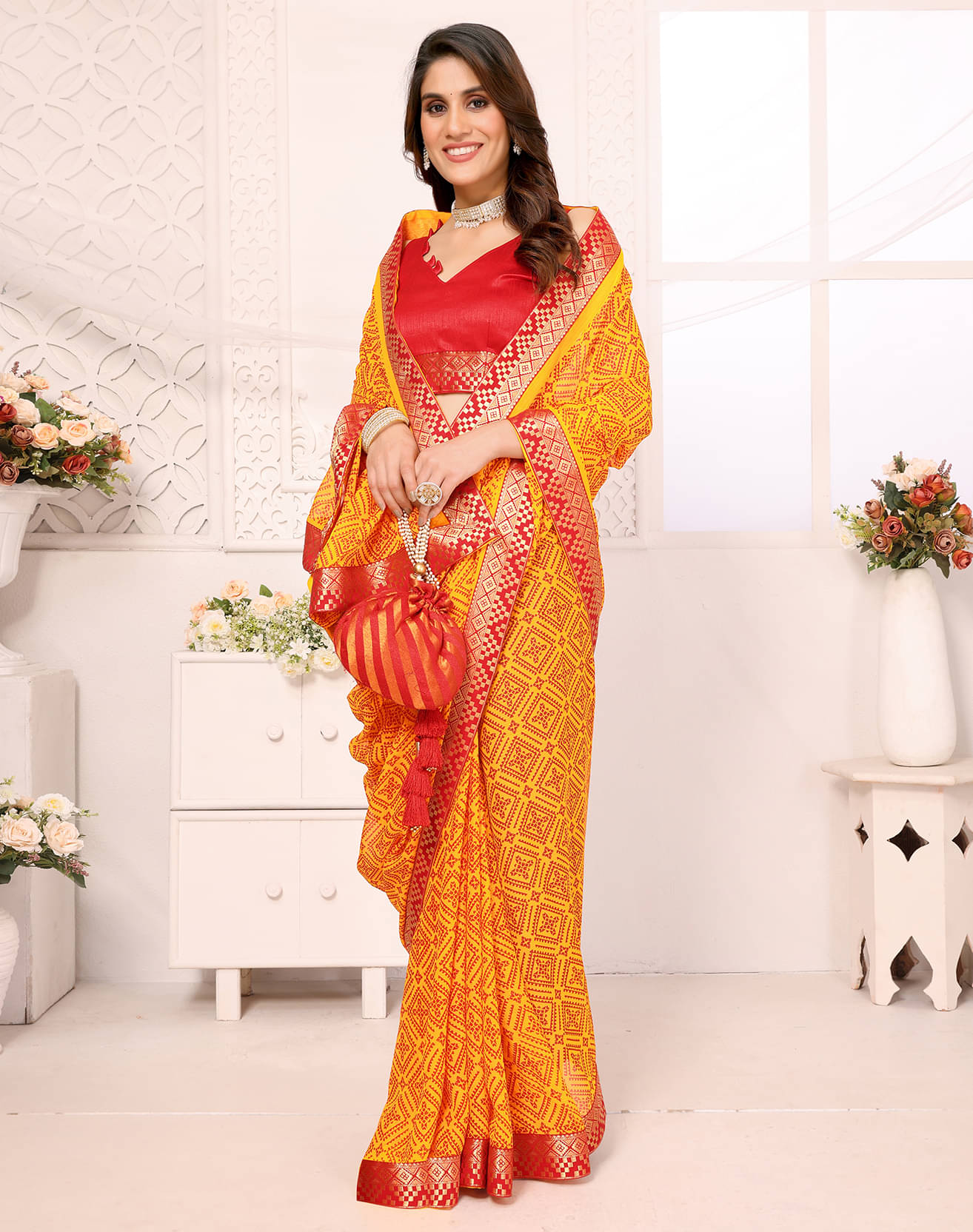 Yashika Georgette Printed Saree With Unstitched Blouse Piece ( Yellow ) Yashika Georgette Printed Saree With Unstitched Blouse Piece ( Yellow )