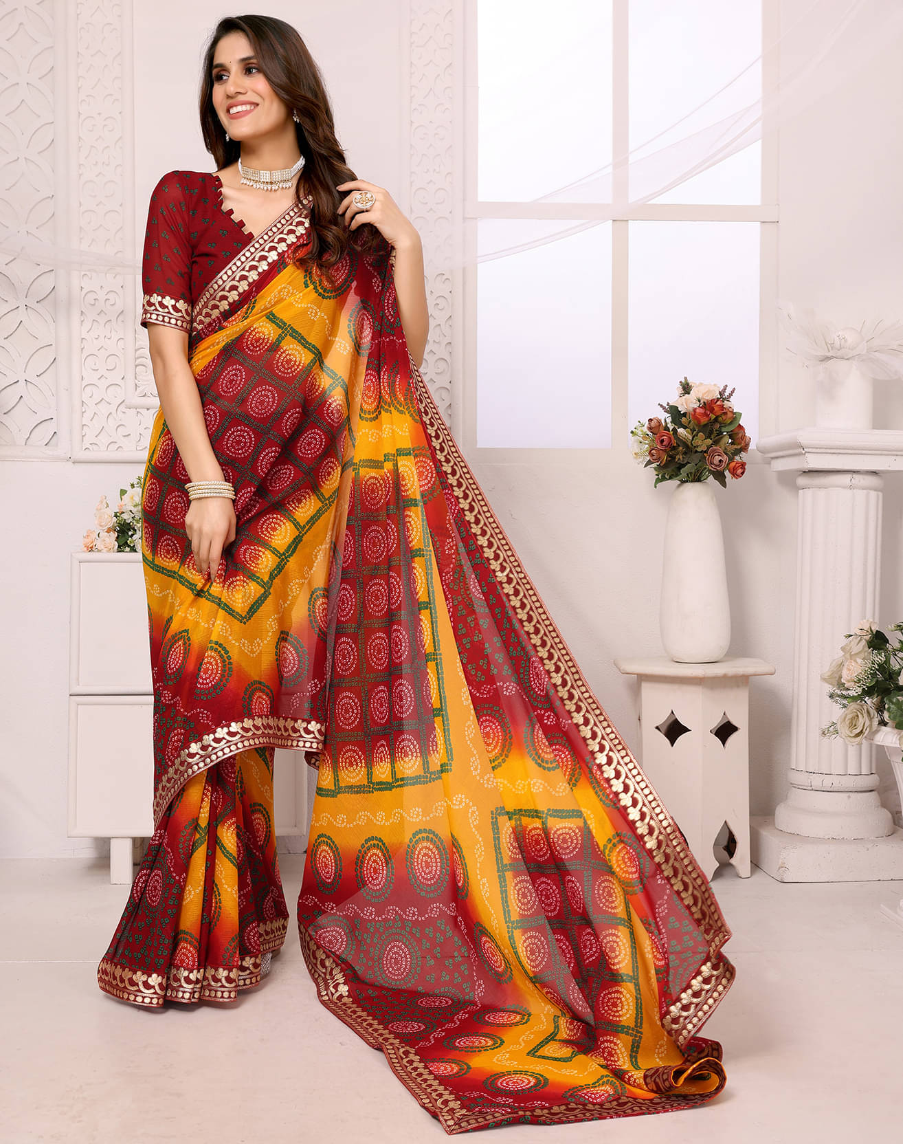 Yashika Georgette Printed Saree With Unstitched Blouse Piece ( Maroon )     			Yashika Georgette Printed Saree With Unstitched Blouse Piece ( Maroon )