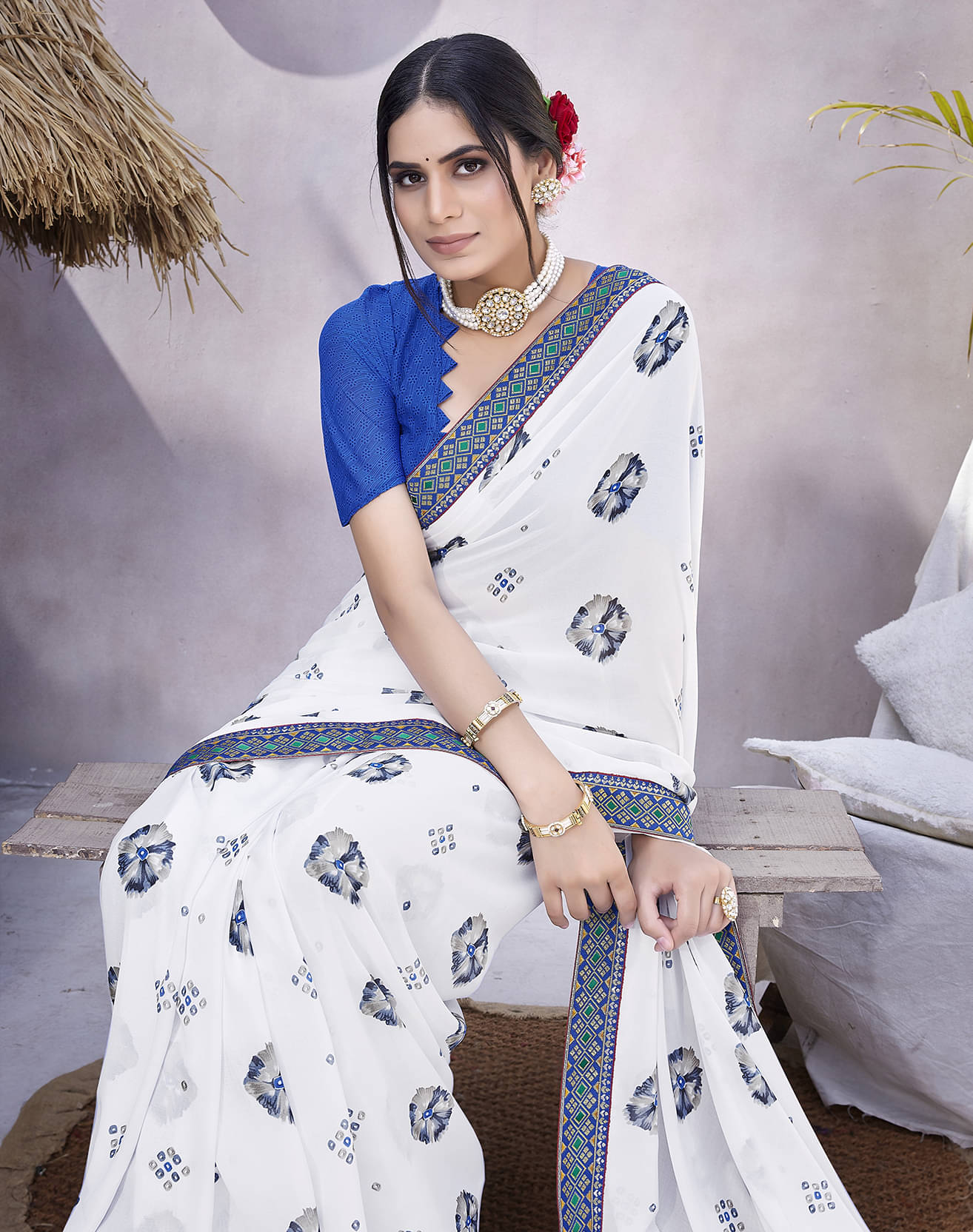     			Yashika Georgette Printed Saree With Unstitched Blouse Piece ( Blue )