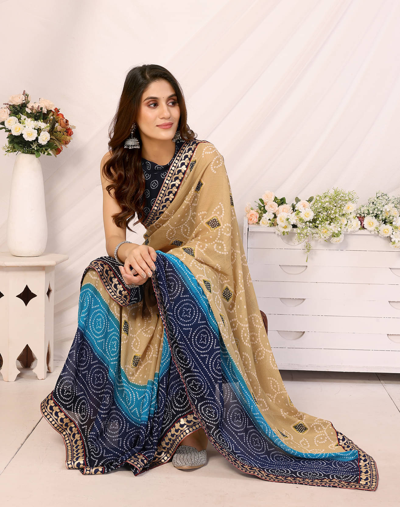     			Yashika Georgette Printed Saree With Unstitched Blouse Piece ( Blue )