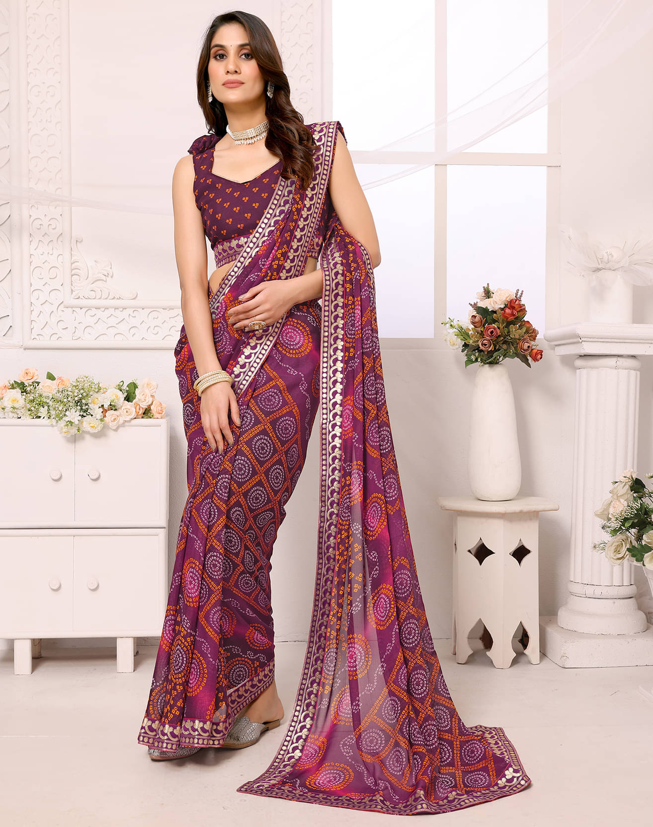     			Yashika Georgette Printed Saree With Unstitched Blouse Piece ( Purple )