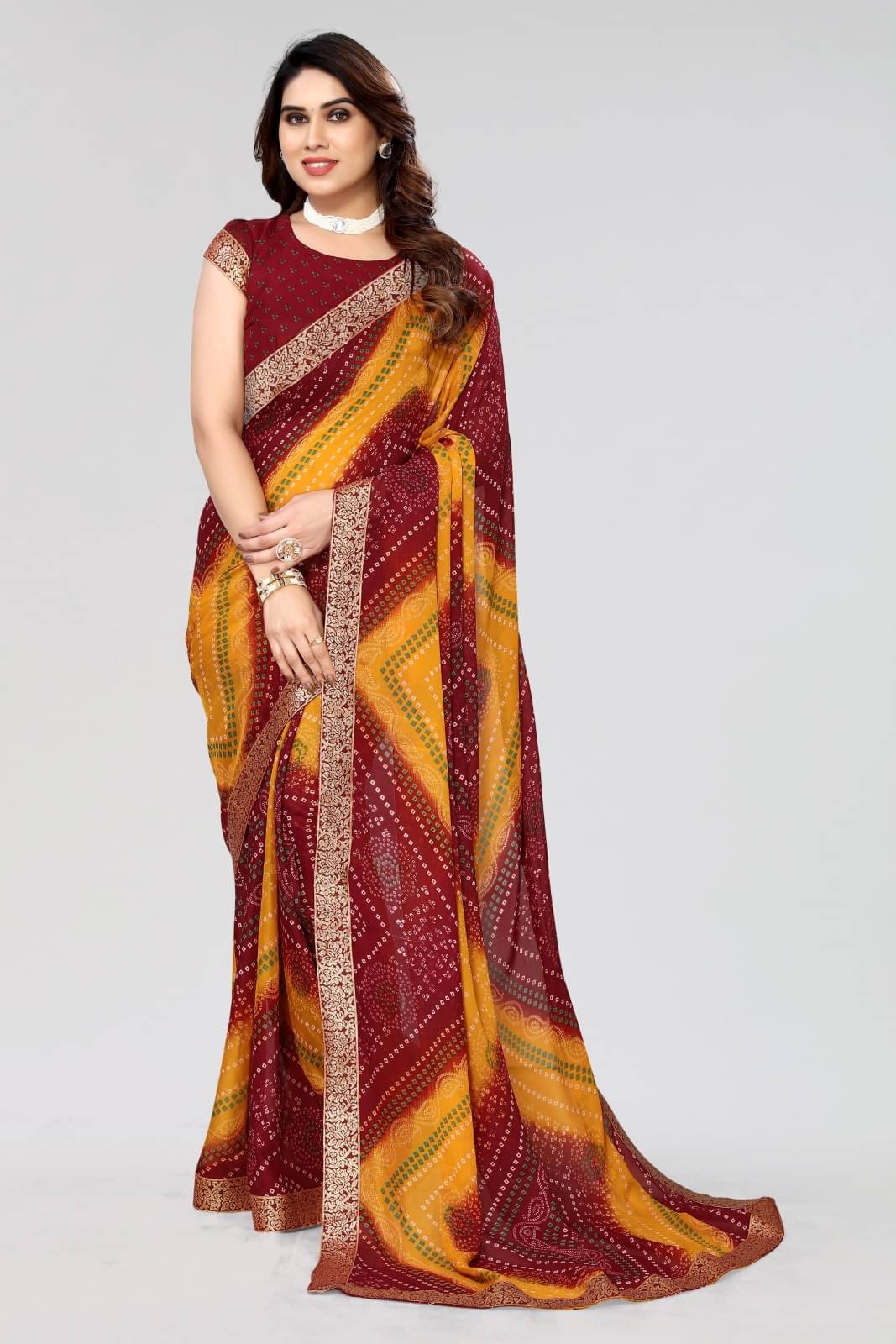 Yashika Georgette Printed Saree With Unstitched Blouse Piece ( Maroon ) Yashika Georgette Printed Saree With Unstitched Blouse Piece ( Maroon )