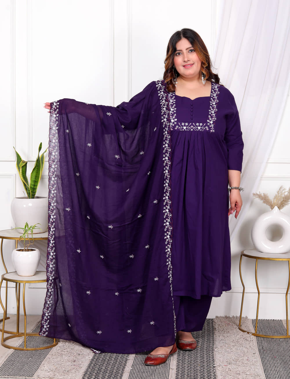 miravan Cotton Embroidered Kurti With Palazzo Women's Stitched Salwar Suit - Purple ( Pack of 1 )