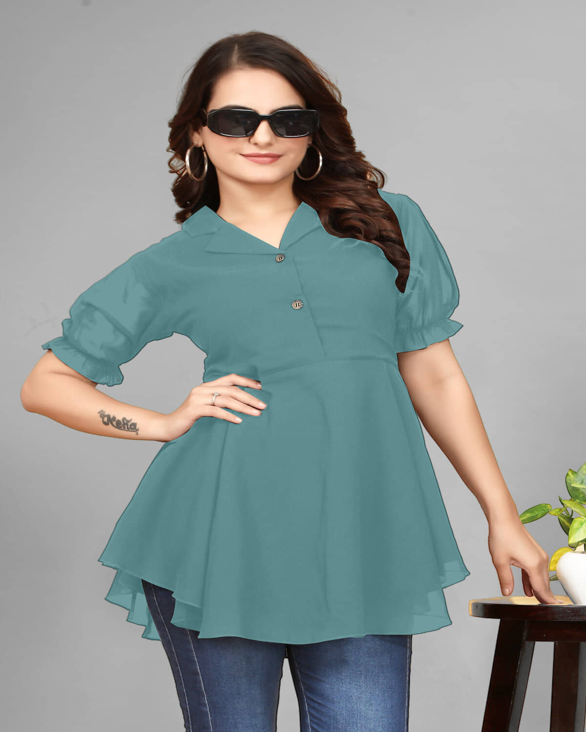 Black Robin Women's Georgette Asymmetrical Top ( Turquoise )