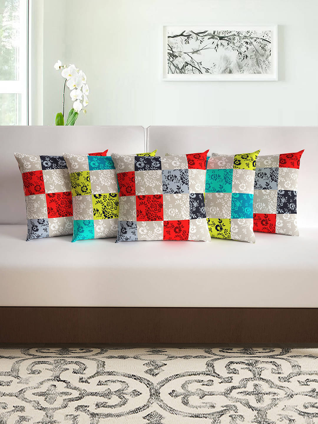 DIVINE CASA Set of 5 Polyester Floral Printed Square Cushion Cover (40X40)cm - Red DIVINE CASA Set of 5 Polyester Floral Printed Square Cushion Cover (40X40)cm - Red