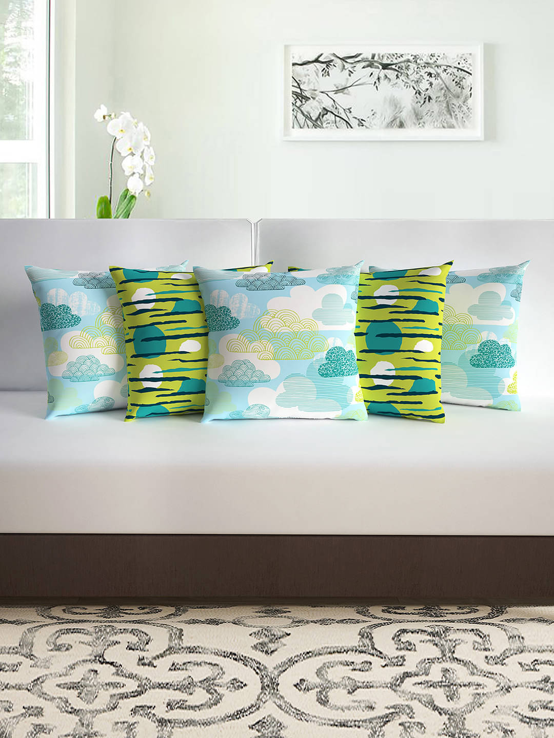 DIVINE CASA Set of 5 Polyester Nature Square Cushion Cover (40X40)cm - Green     			DIVINE CASA Set of 5 Polyester Nature Square Cushion Cover (40X40)cm - Green