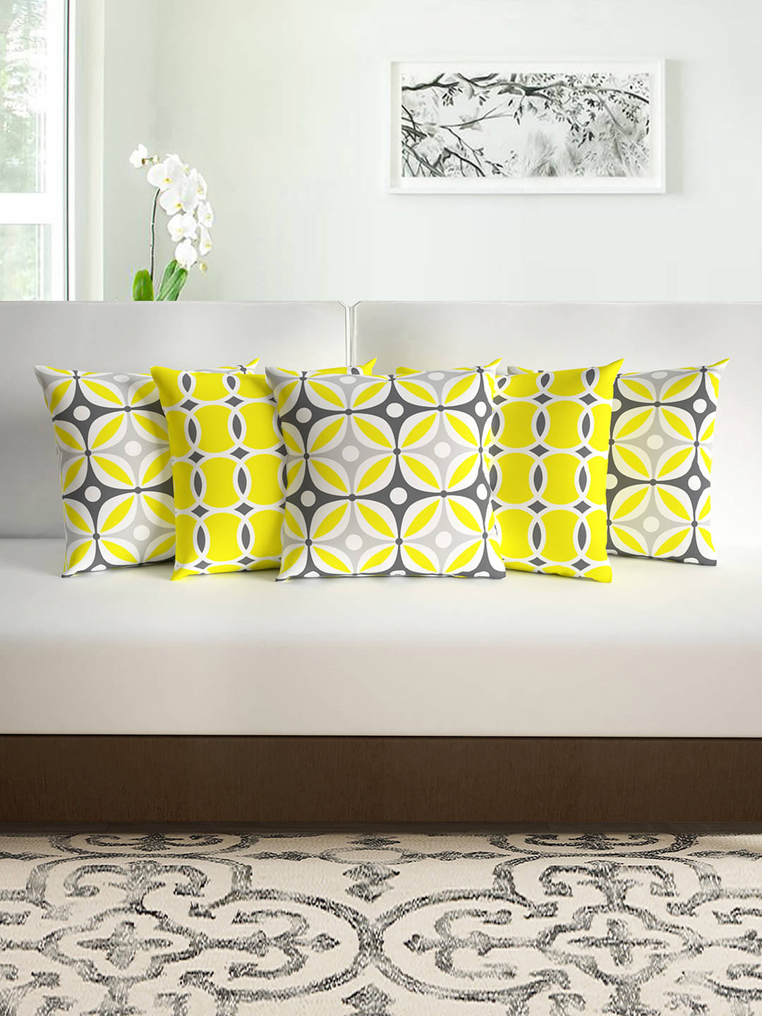 DIVINE CASA Set of 5 Polyester Ethnic Square Cushion Cover (40X40)cm - Yellow DIVINE CASA Set of 5 Polyester Ethnic Square Cushion Cover (40X40)cm - Yellow