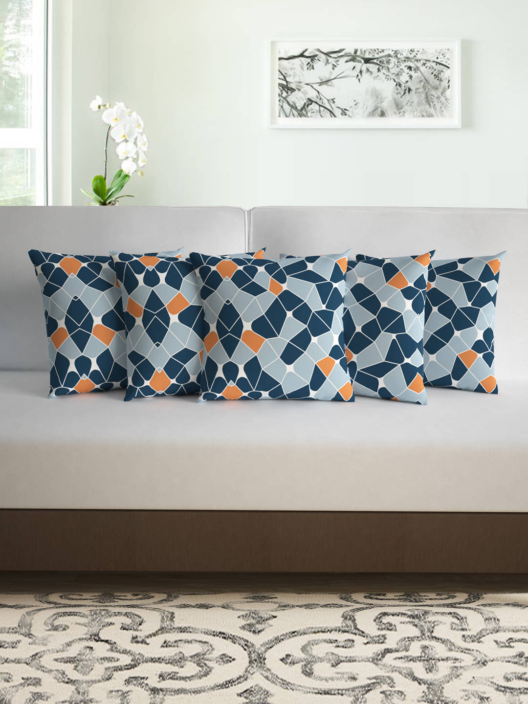     			DIVINE CASA Set of 5 Polyester Geometric Printed Square Cushion Cover (40X40)cm - Blue