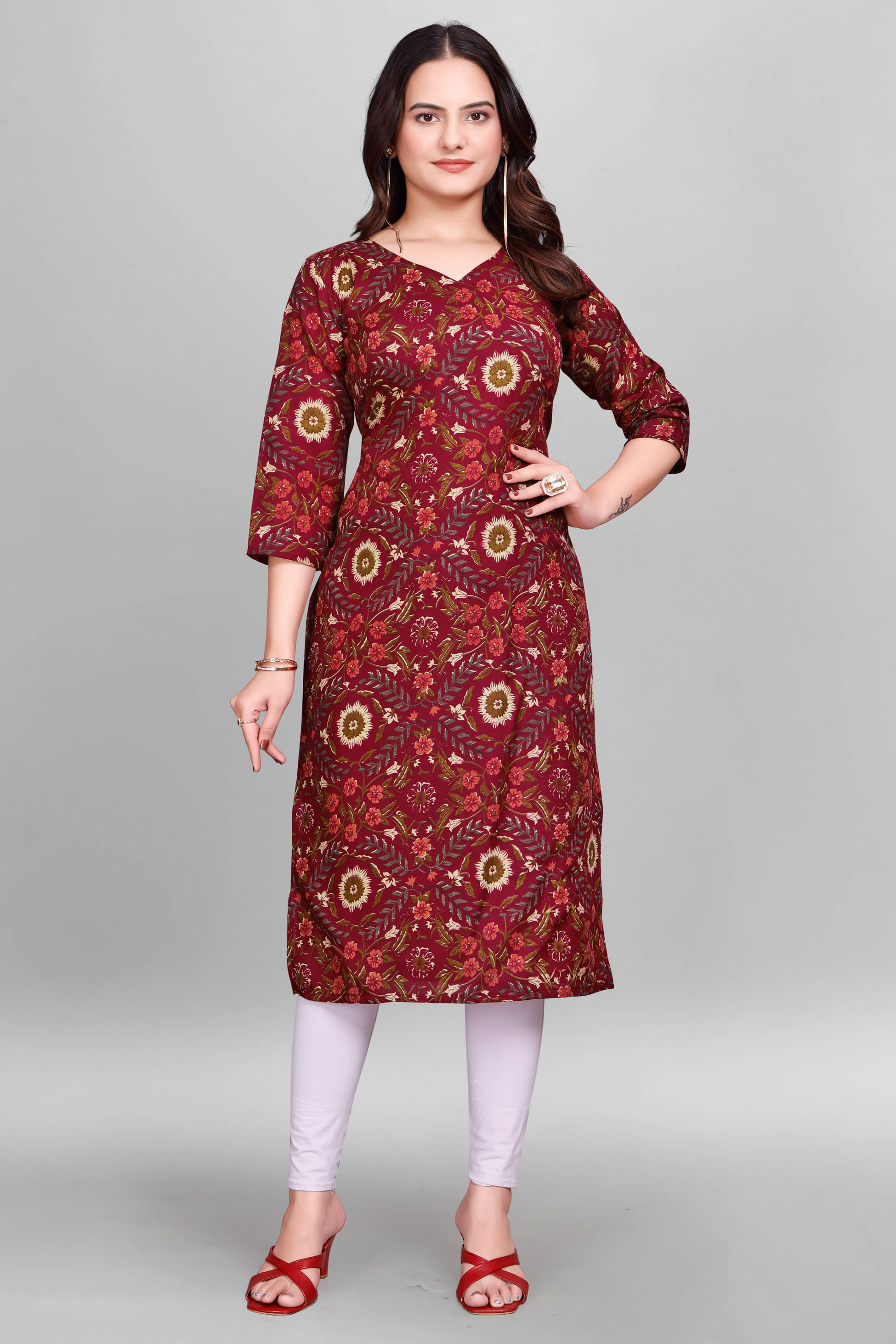     			Devakii Pack of 1 Cotton Blend Printed Straight Women's Kurti - ( Maroon )