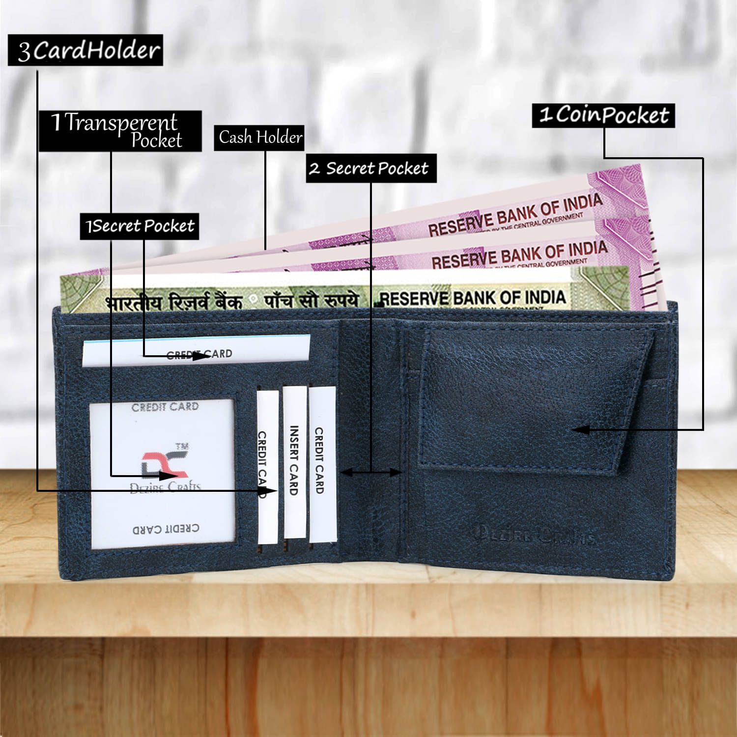     			Dezire Crafts PU Self Design Men's Regular Wallet With 4 Slots For Card ( Blue , Pack of 1 )