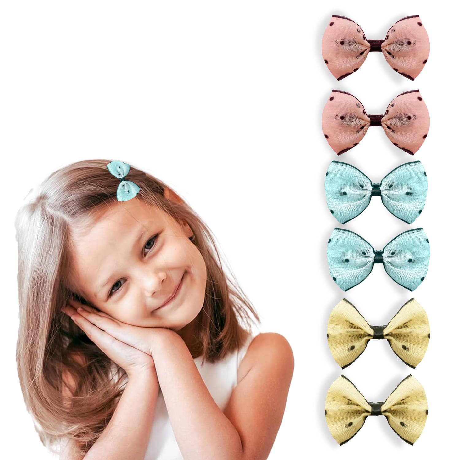     			Polka Dots Bow Hair Tic Tac Clips For Girl/Kids 6Pc,(Multi)