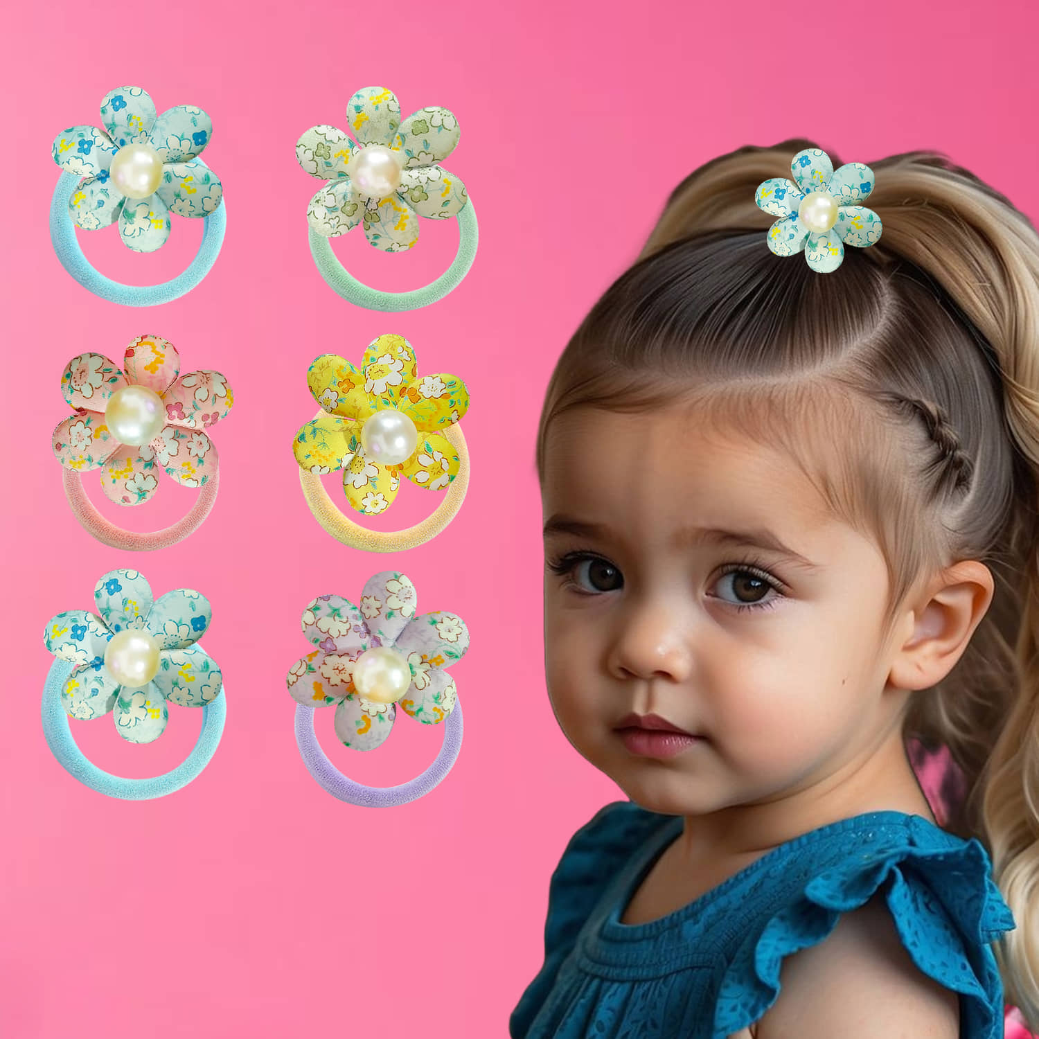 Pearl Flower Rubber Bands For Kids, Baby Girls, 6Pcs, (Multi) - Jewellery Sets | Buy online on ZillyBuy