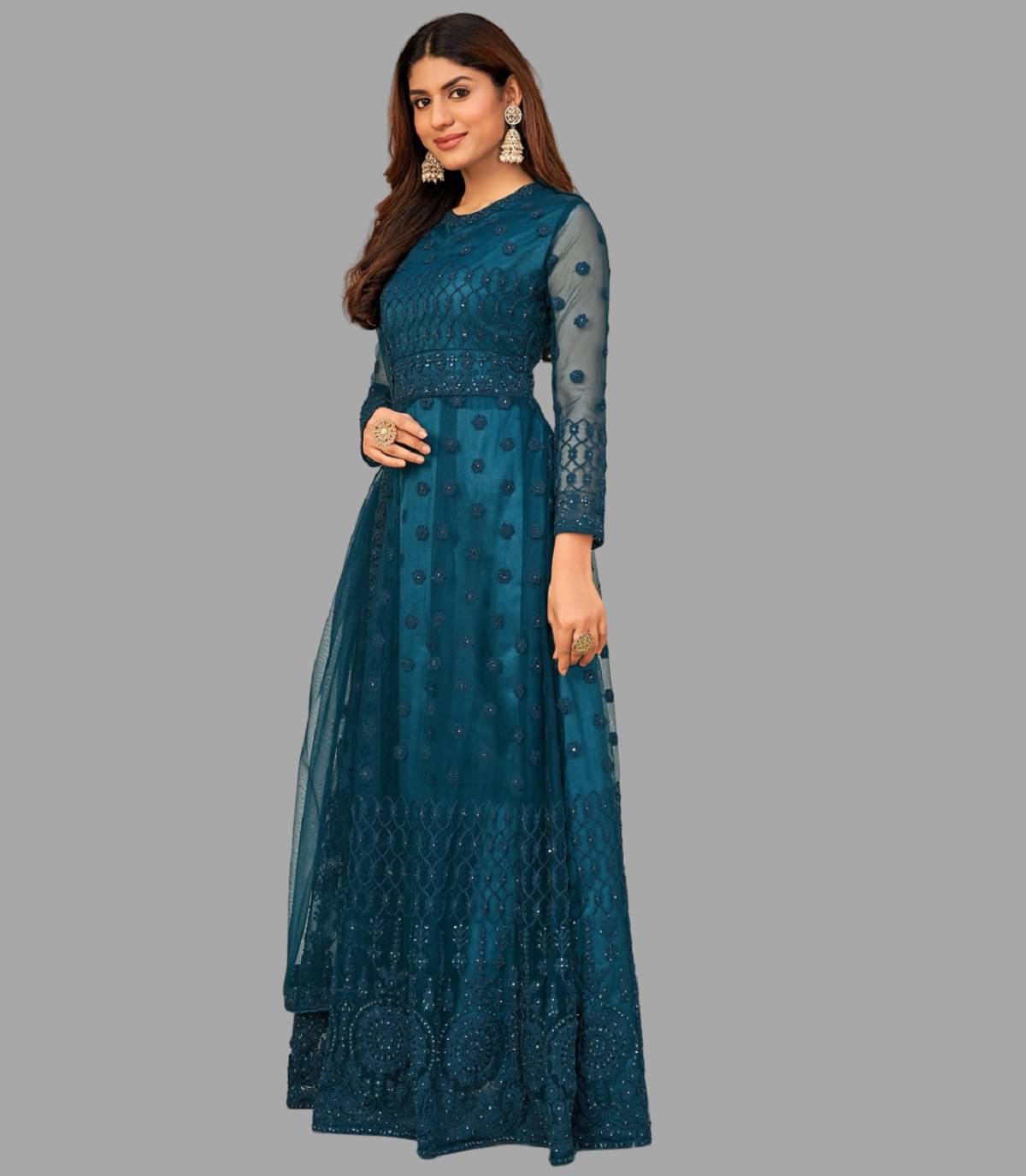 Lady Shopi Teal Flared Net Women's Semi Stitched Ethnic Gown ( Pack of 1 ) Lady Shopi Teal Flared Net Women's Semi Stitched Ethnic Gown ( Pack of 1 )
