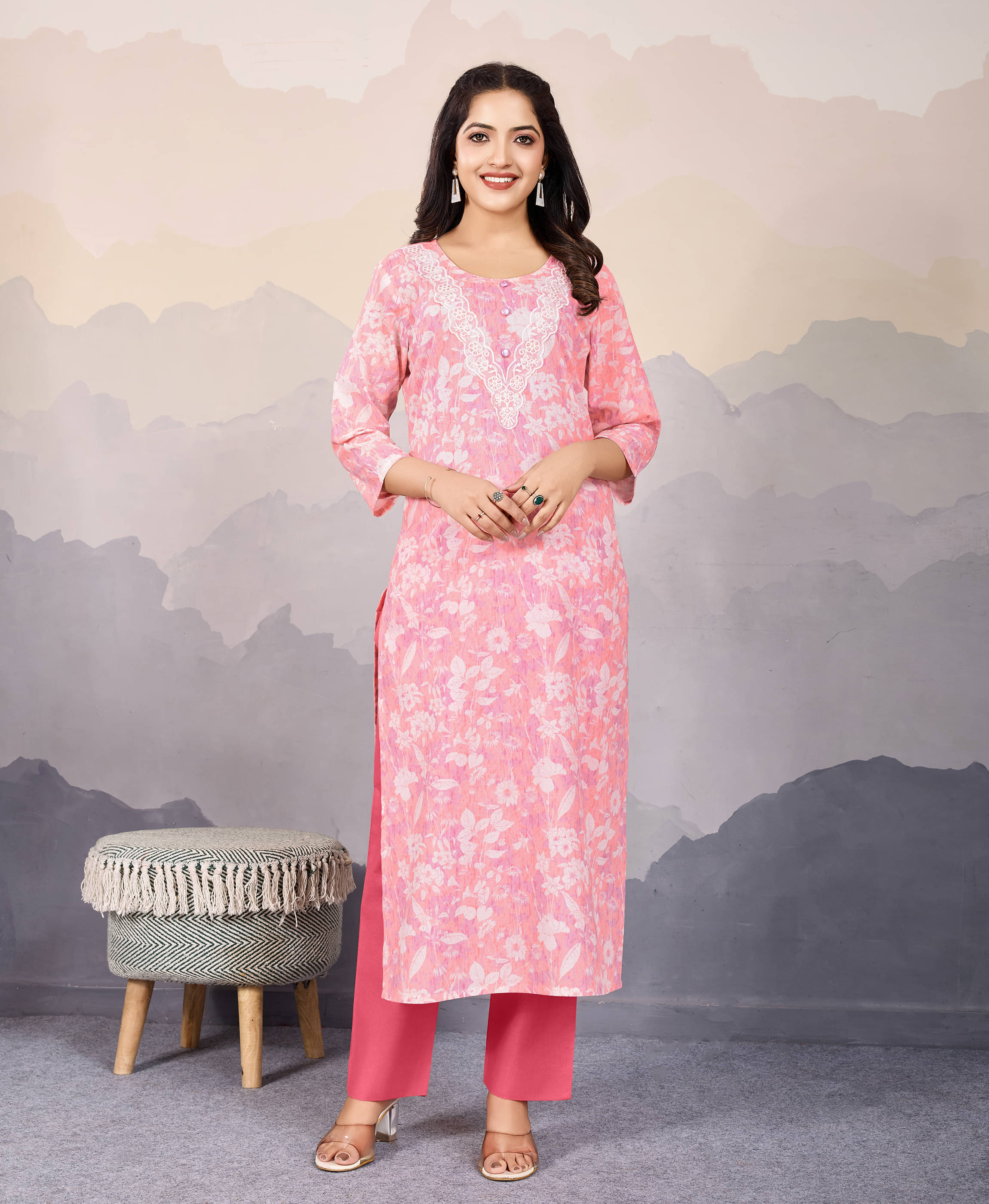     			MOJILAA Cotton Embroidered Kurti With Pants Women's Stitched Salwar Suit - Peach ( Pack of 1 )