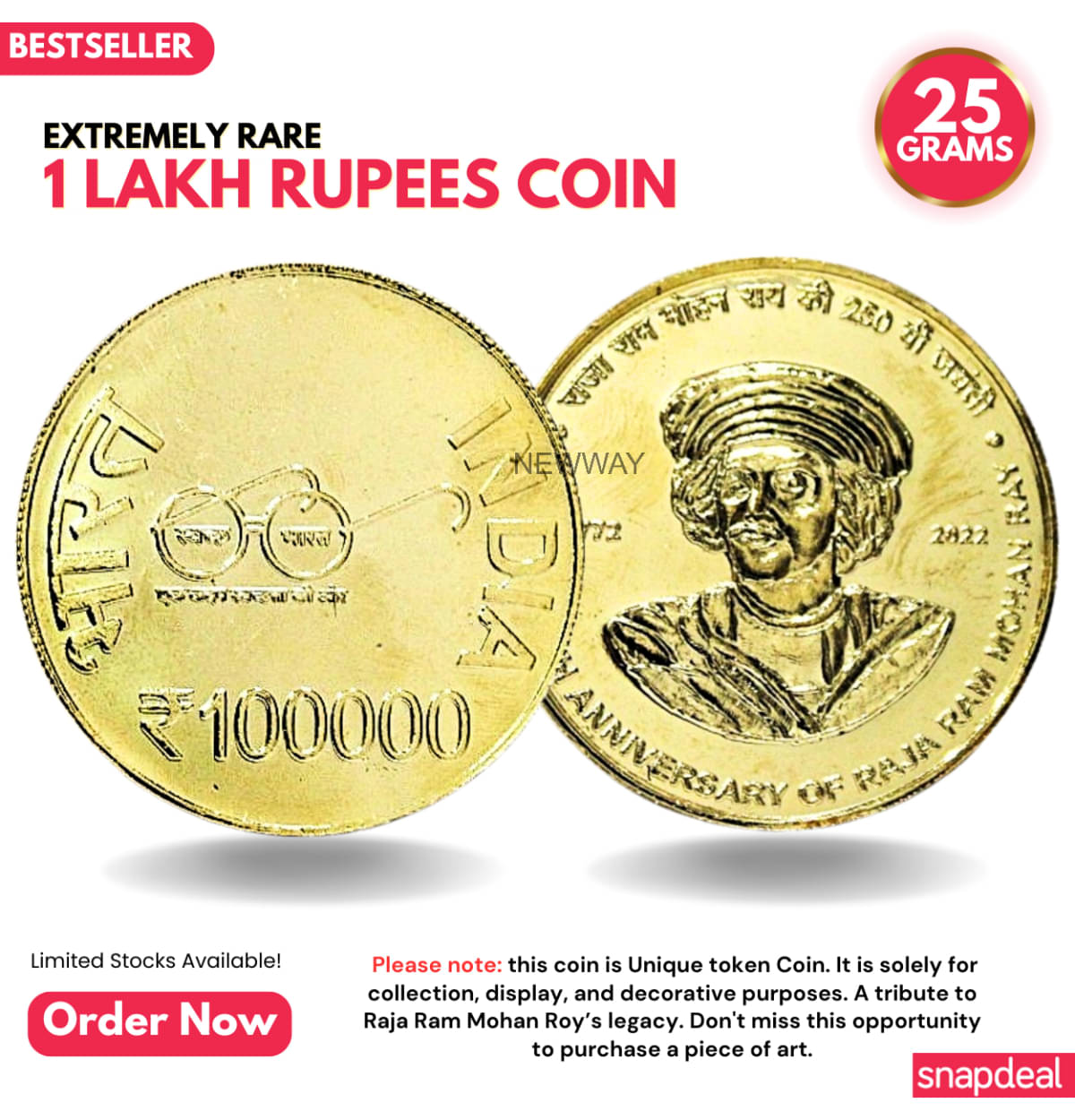     			Most Demanded 1 Lakh Rupees, Raja Ram Mohan Roy Rare Gold-plated Heavy 25 Grams Coin