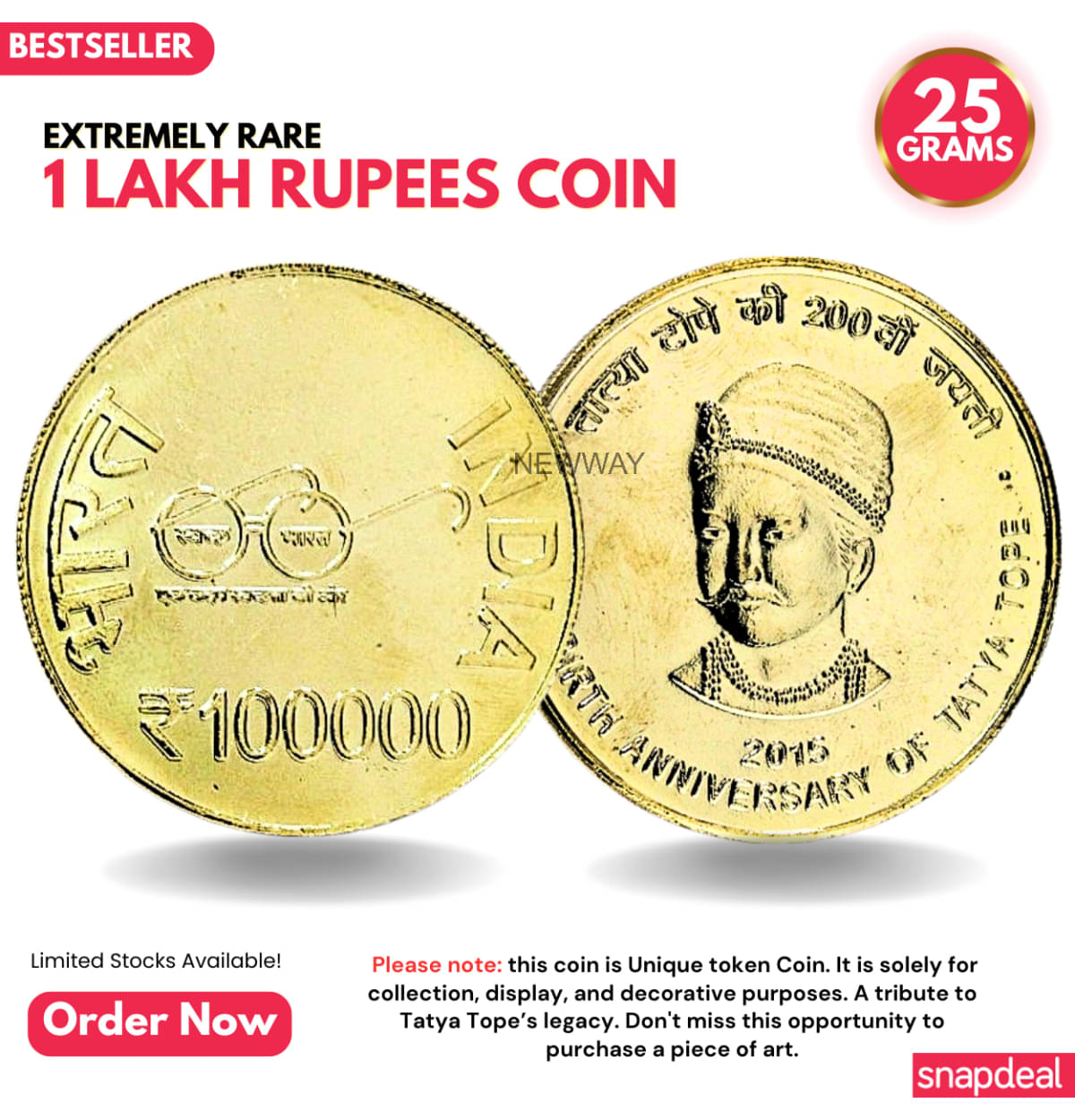     			Most Demanded 1 Lakh Rupees, Tatya Tope Rare Gold-plated Heavy 25 Grams Coin
