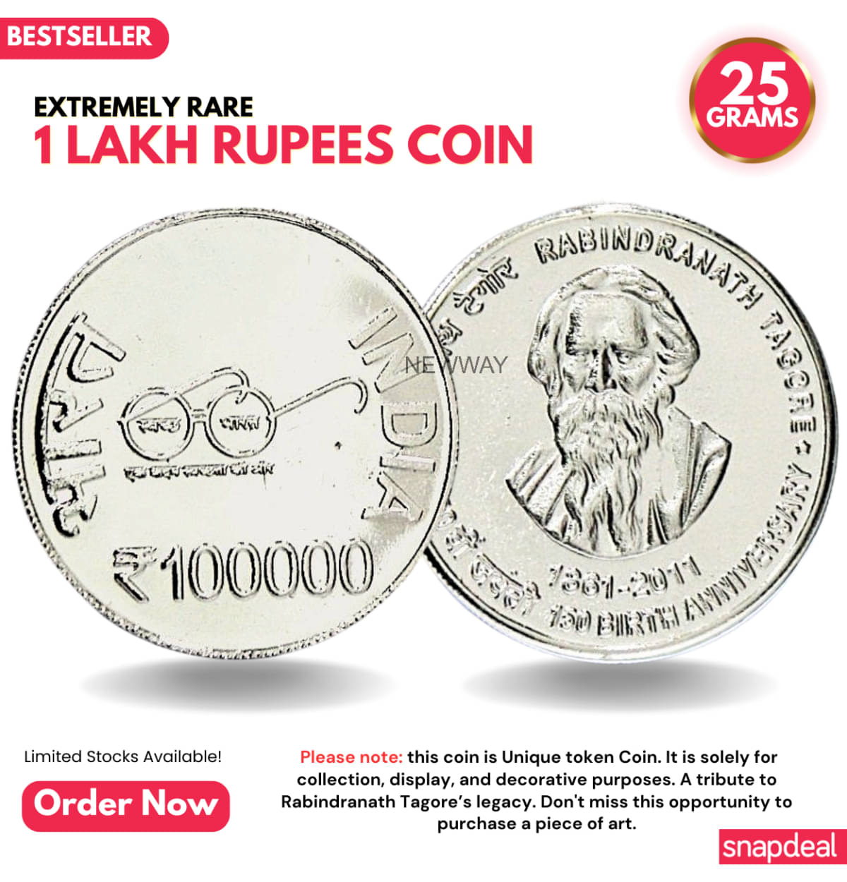    			Most Demanded 1 Lakh Rupees, Rabindranath Tagore Rare Silver-plated Heavy 25 Grams Coin