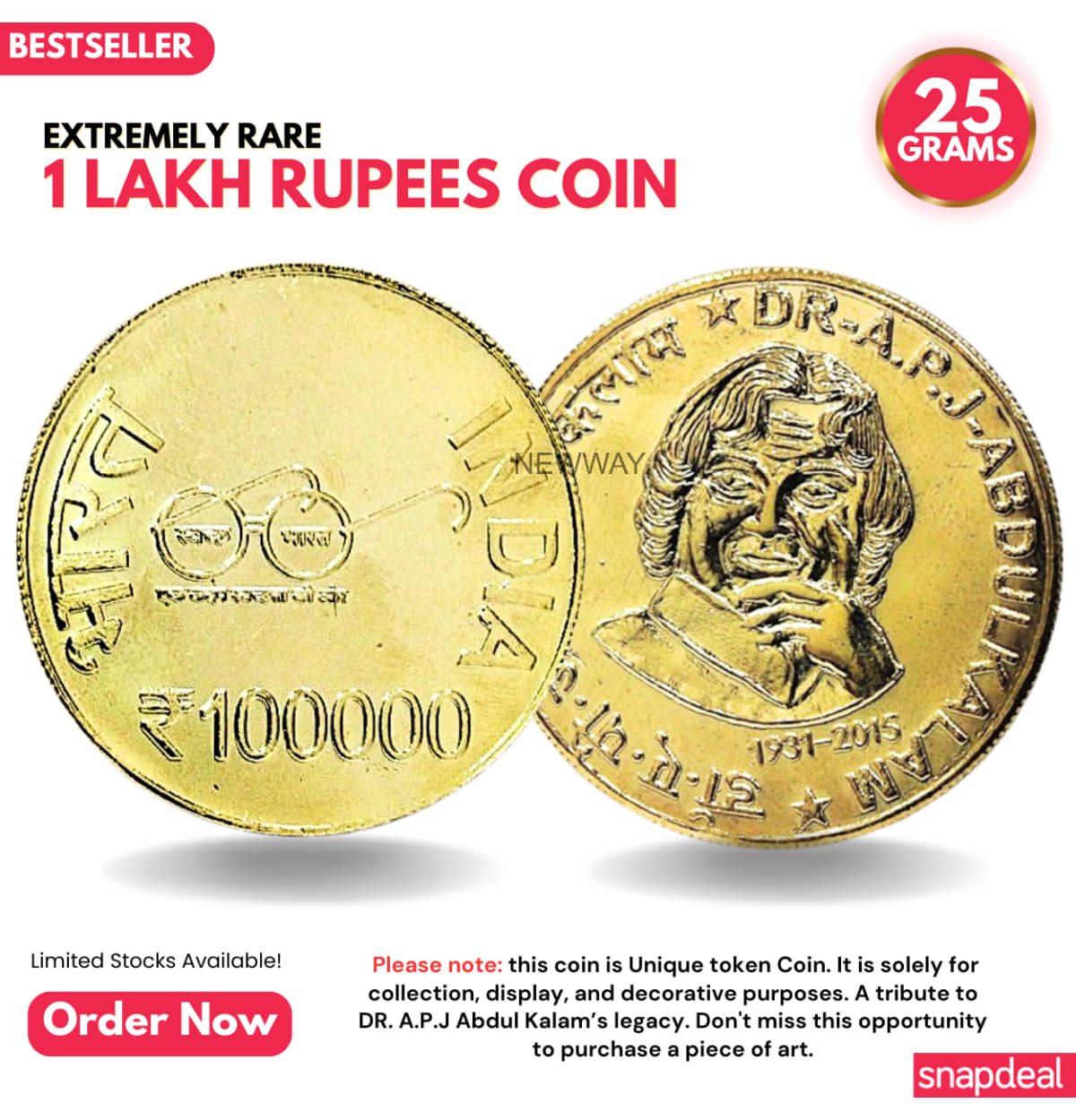 Most Demanded 1 Lakh Rupees, A.P.J Abdul Kalam Rare Gold-plated Heavy 25 Grams Coin Most Demanded 1 Lakh Rupees, A.P.J Abdul Kalam Rare Gold-plated Heavy 25 Grams Coin
