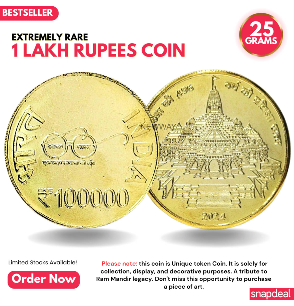 Most Demanded 1 Lakh Rupees, Ram Mandir Rare Gold-plated Heavy 25 Grams Coin Most Demanded 1 Lakh Rupees, Ram Mandir Rare Gold-plated Heavy 25 Grams Coin