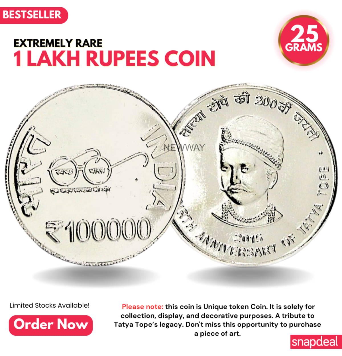     			Most Demanded 1 Lakh Rupees, Tatya Tope Rare Silver-plated Heavy 25 Grams Coin