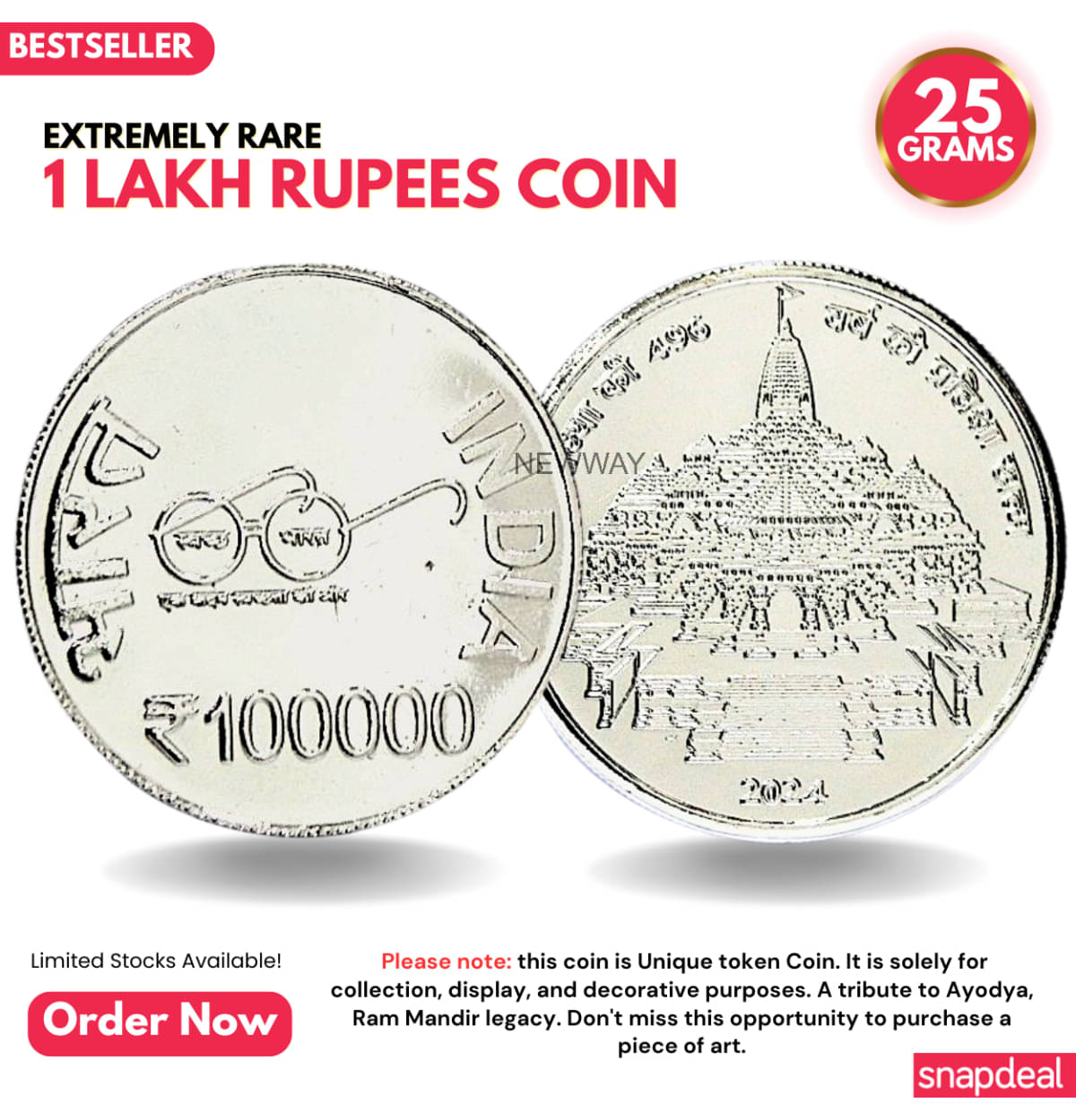    			Most Demanded 1 Lakh Rupees, Ram Mandir Rare Silver-plated Heavy 25 Grams Coin