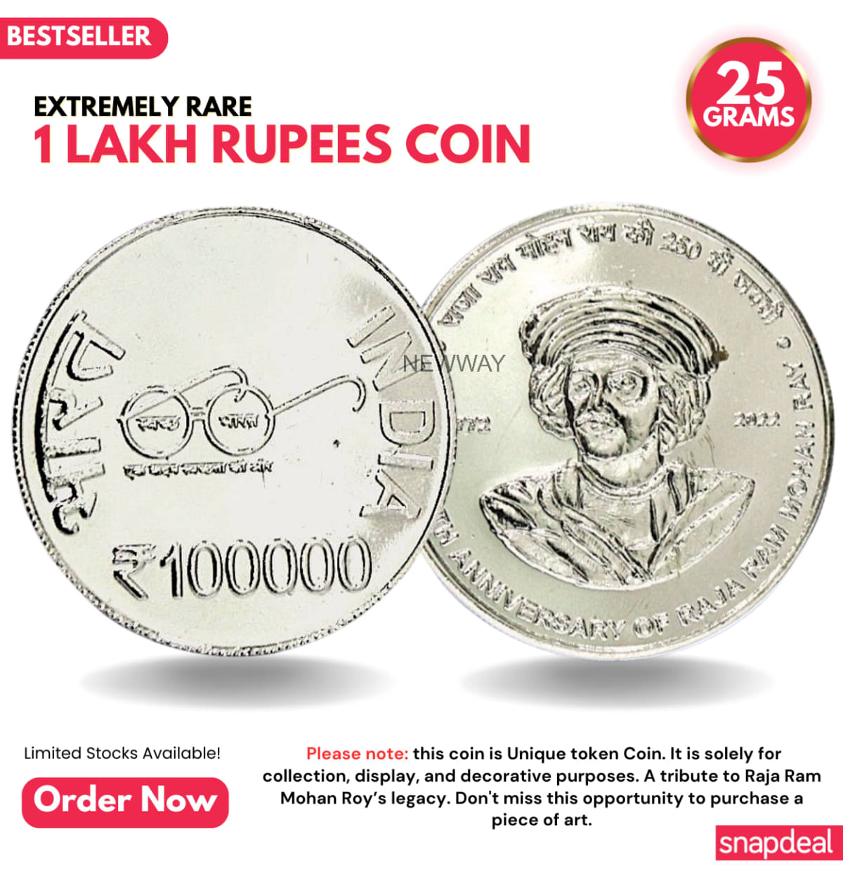     			Most Demanded 1 Lakh Rupees, Raja Ram Mohan Roy Rare Silver-plated Heavy 25 Grams Coin