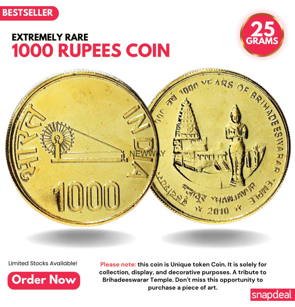     			Most Demanded 1000 Rupees 2010 Brihadeshwar Temple Rare Gold-plated Heavy Coin