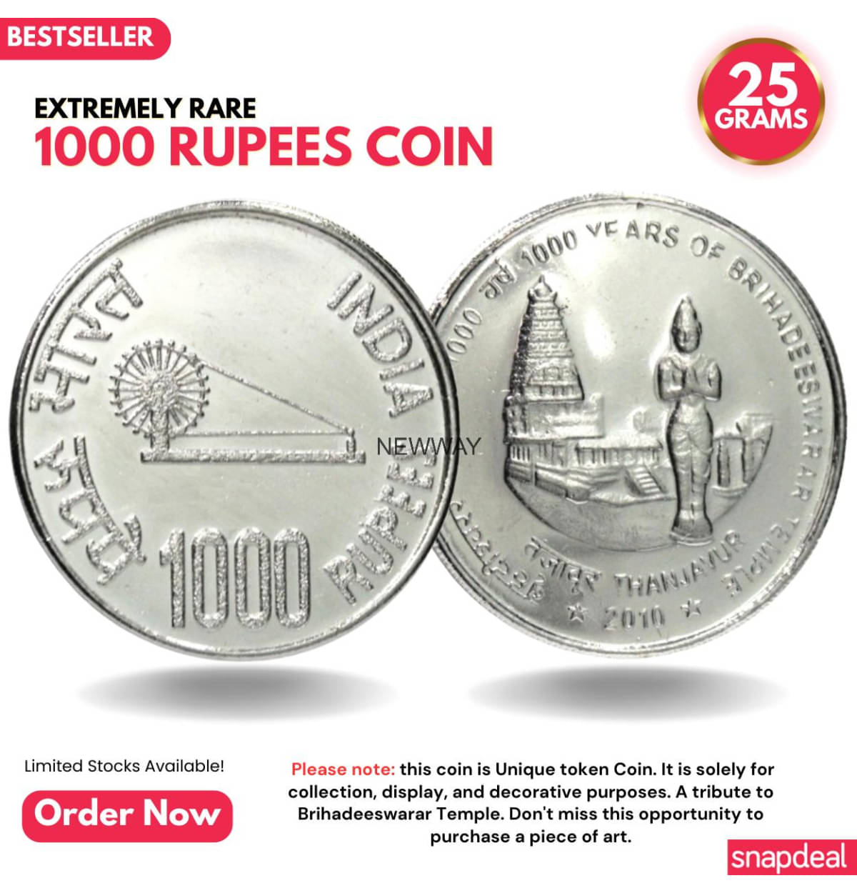     			Most Demanded 1000 Rupees 2010 Brihadeshwar Temple Rare Silver-plated Heavy Coin