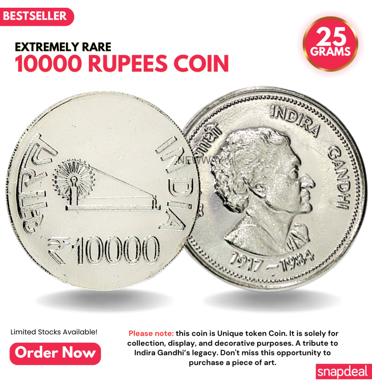     			Most Demanded 10000 Rupees, Indira Gandhi Rare Silver-plated Heavy 25 Grams Coin