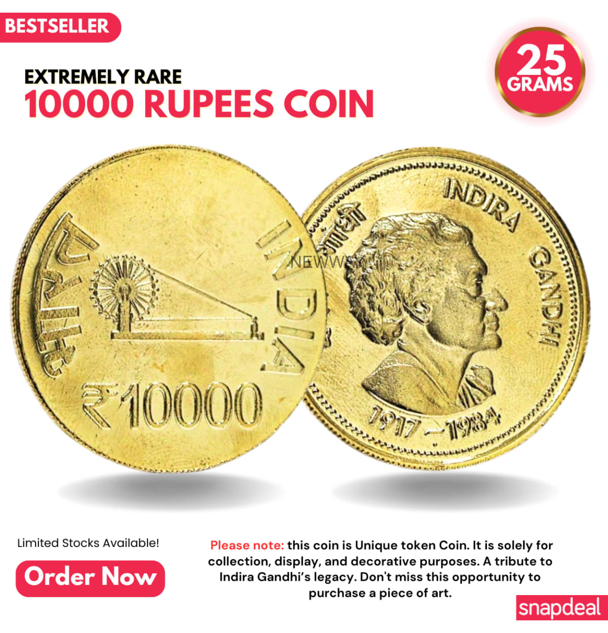     			Most Demanded 10000 Rupees, Indira Gandhi Rare Gold-plated Heavy 25 Grams Coin