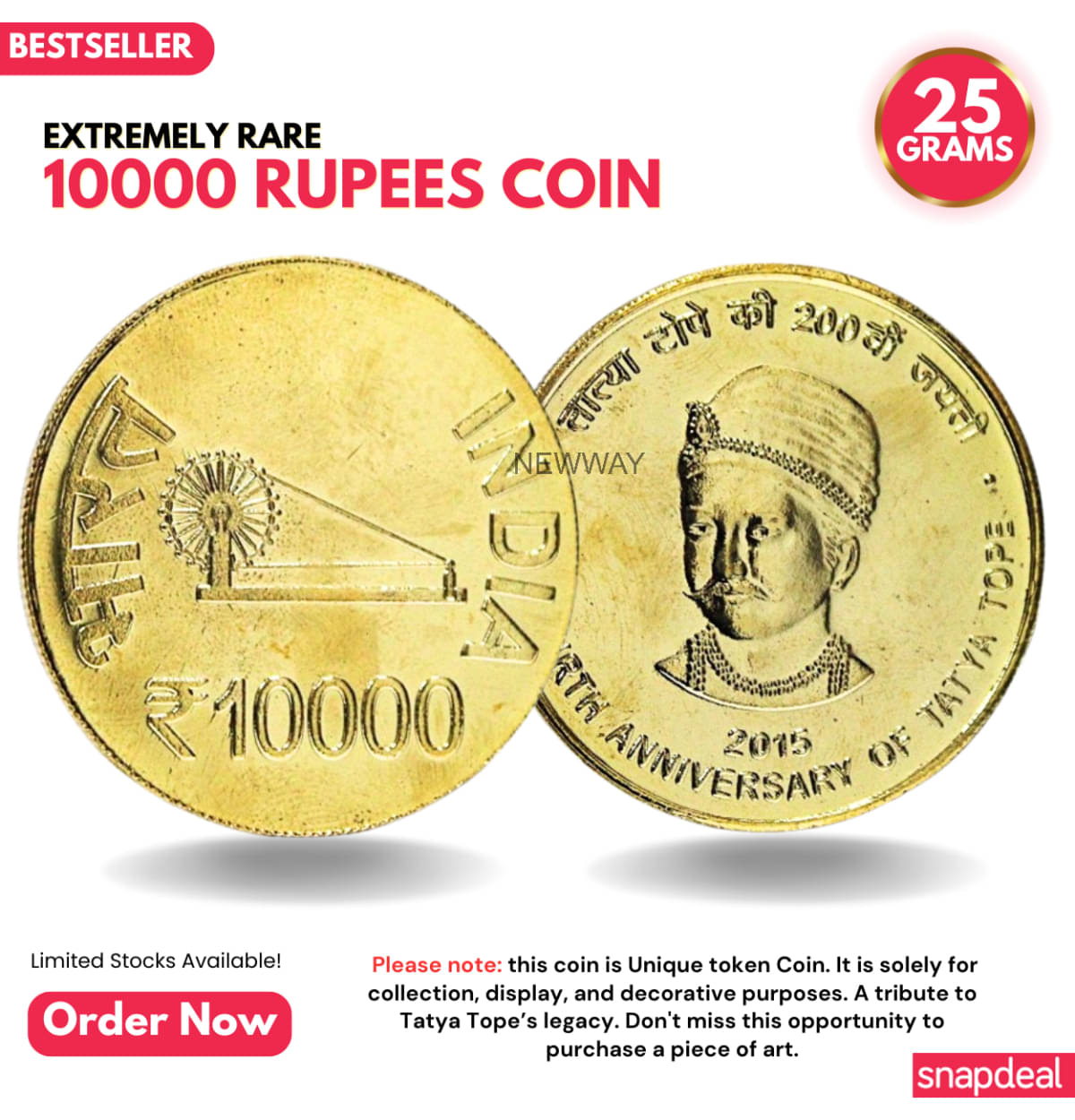     			Most Demanded 10000 Rupees, Tatya Tope Rare Gold-plated Heavy 25 Grams Coin