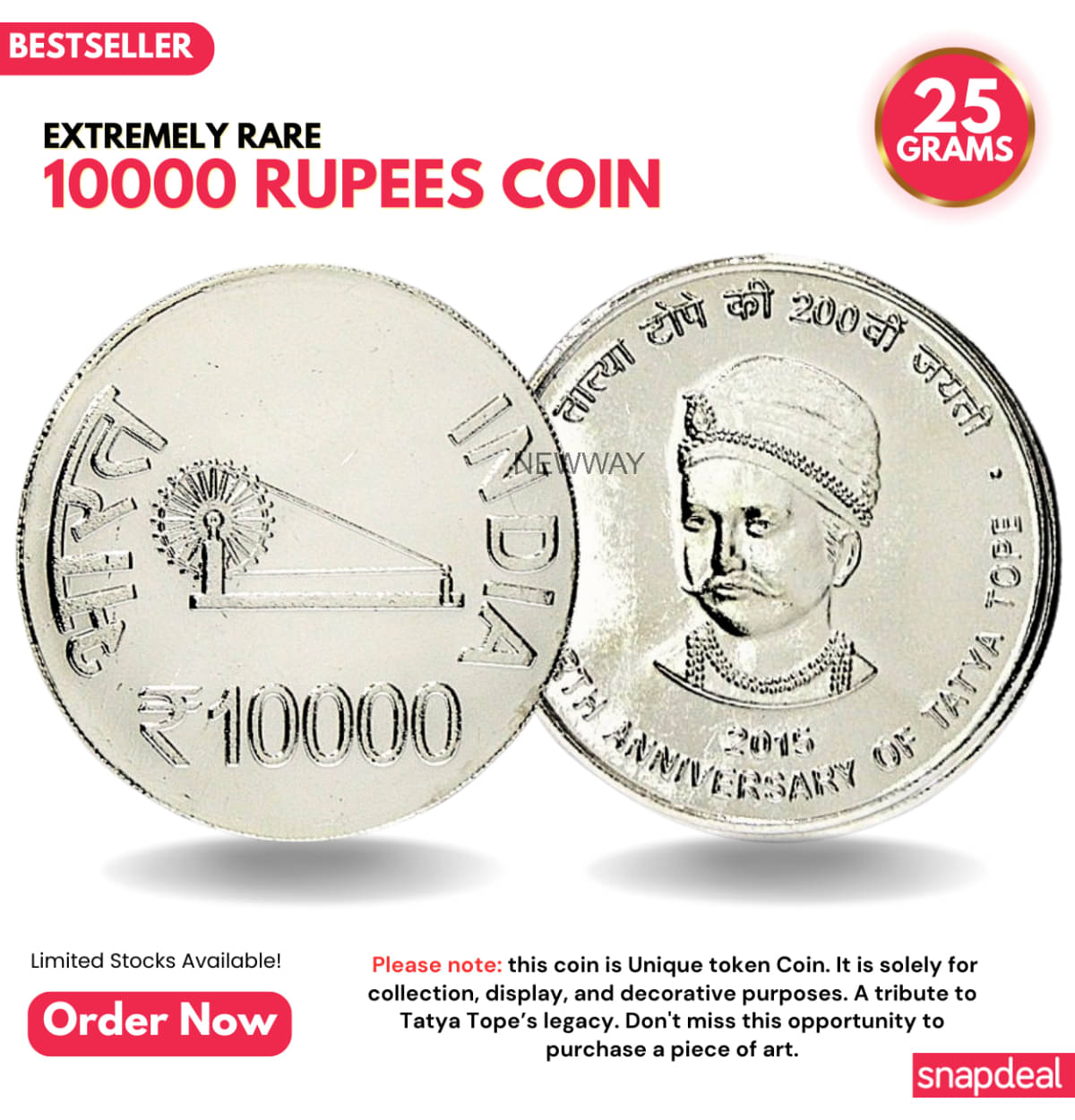     			Most Demanded 10000 Rupees, Tatya Tope Rare Silver-plated Heavy 25 Grams Coin