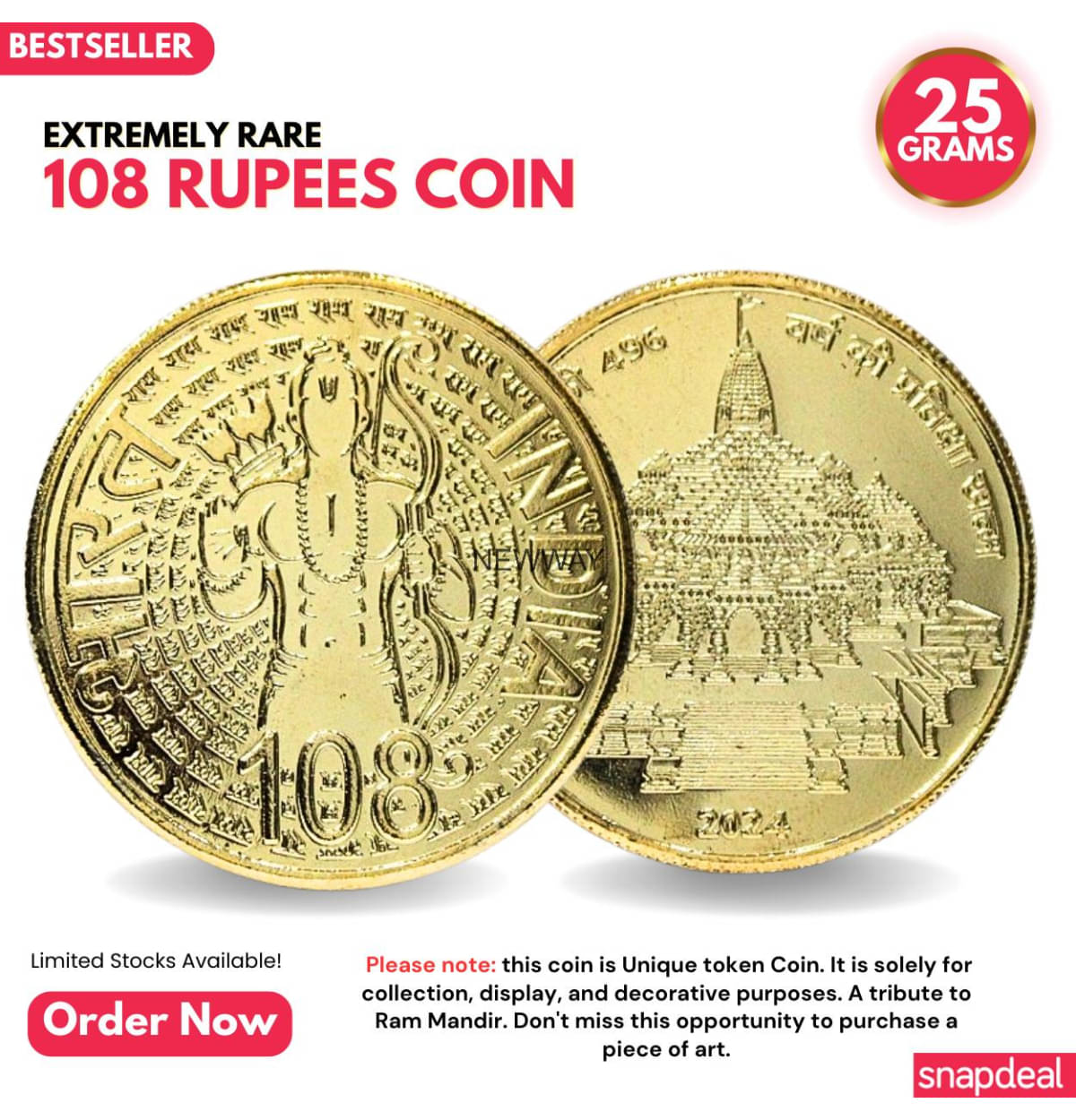 Most Demanded 108 Rupees, Ram Mandir Rare Gold-plated Heavy Coin Most Demanded 108 Rupees, Ram Mandir Rare Gold-plated Heavy Coin