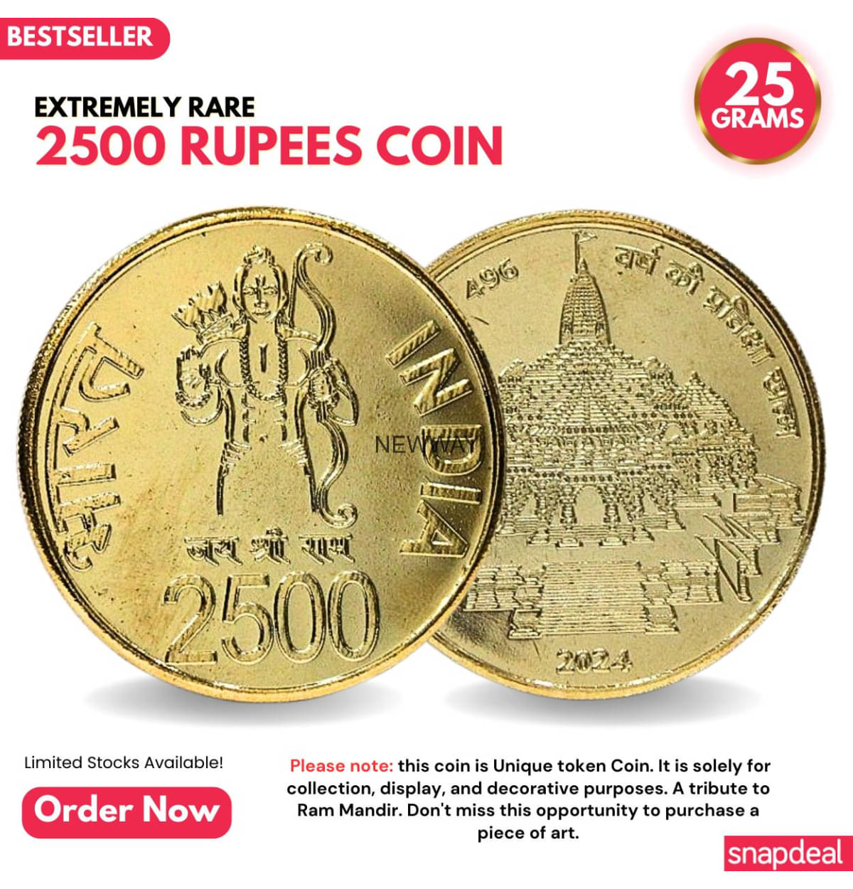     			Most Demanded 2500 Rupees, Ram Mandir Rare Gold-plated Heavy Coin