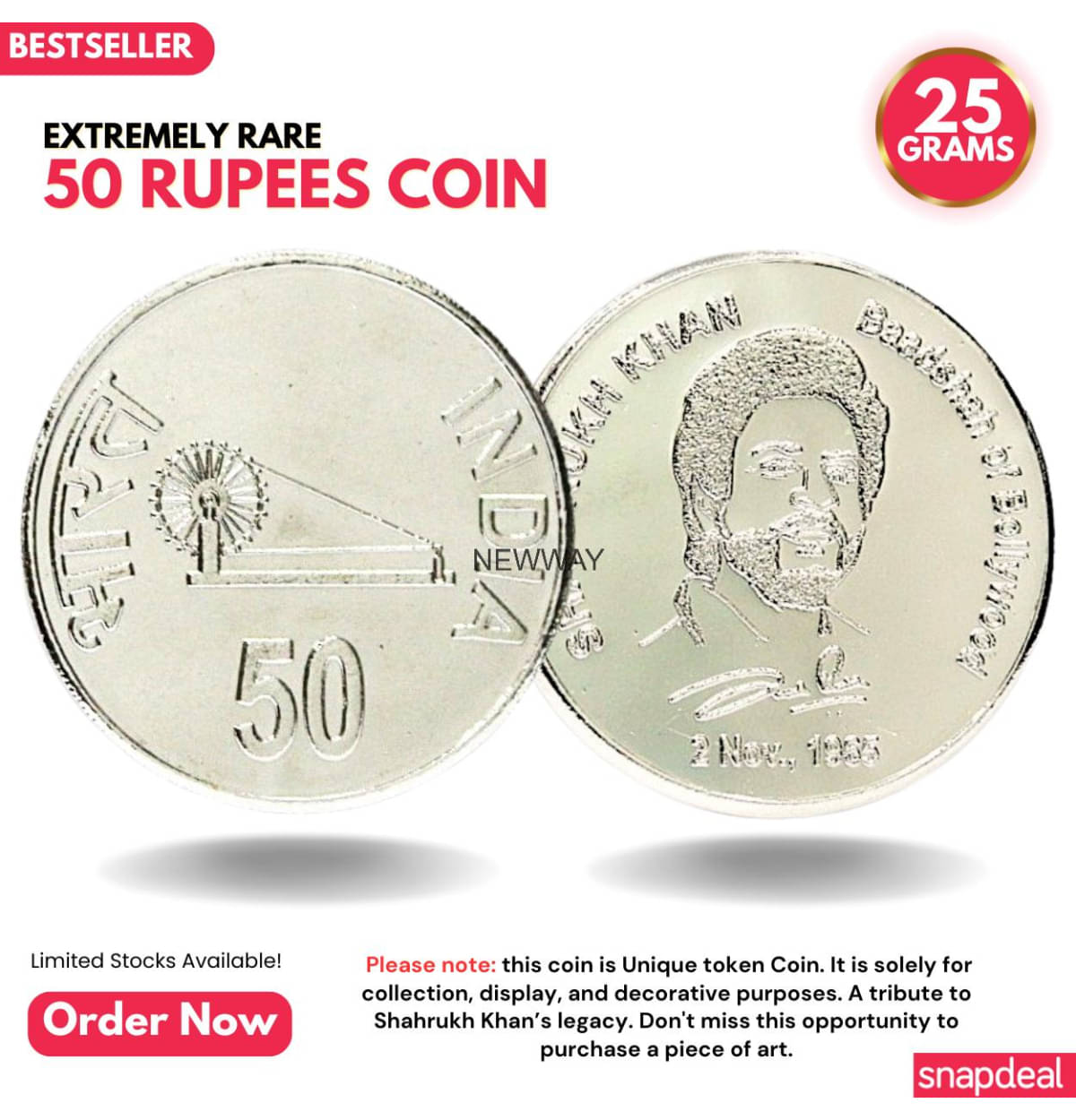     			Most Demanded 50 Rupees, Shahrukh Khan - Badshah of Bollywood, Rare Silver-plated Heavy Coin