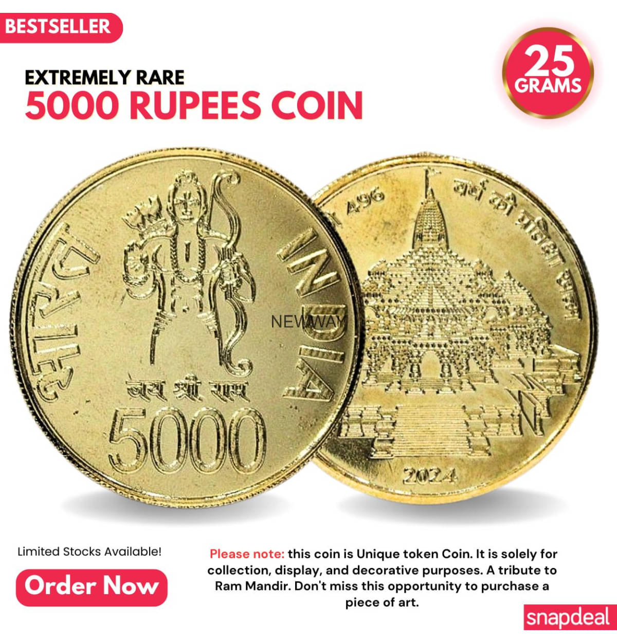     			Most Demanded 5000 Rupees, Ram Mandir Rare Gold-plated Heavy Coin