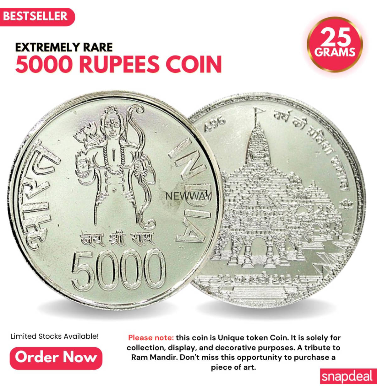     			Most Demanded 5000 Rupees, Ram Mandir Rare Silver-plated Heavy Coin
